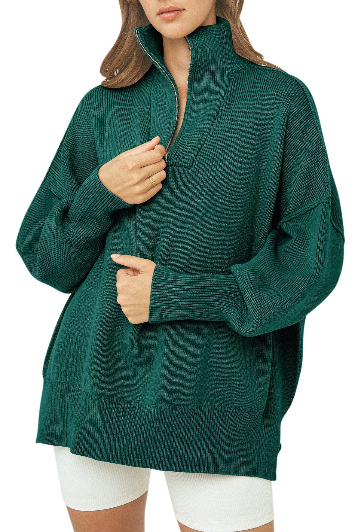 LOGENEWomen's 1/4 Zipper Sweatshirt Long Sleeve Oversized Slit Side Knit Pullover Sweaters