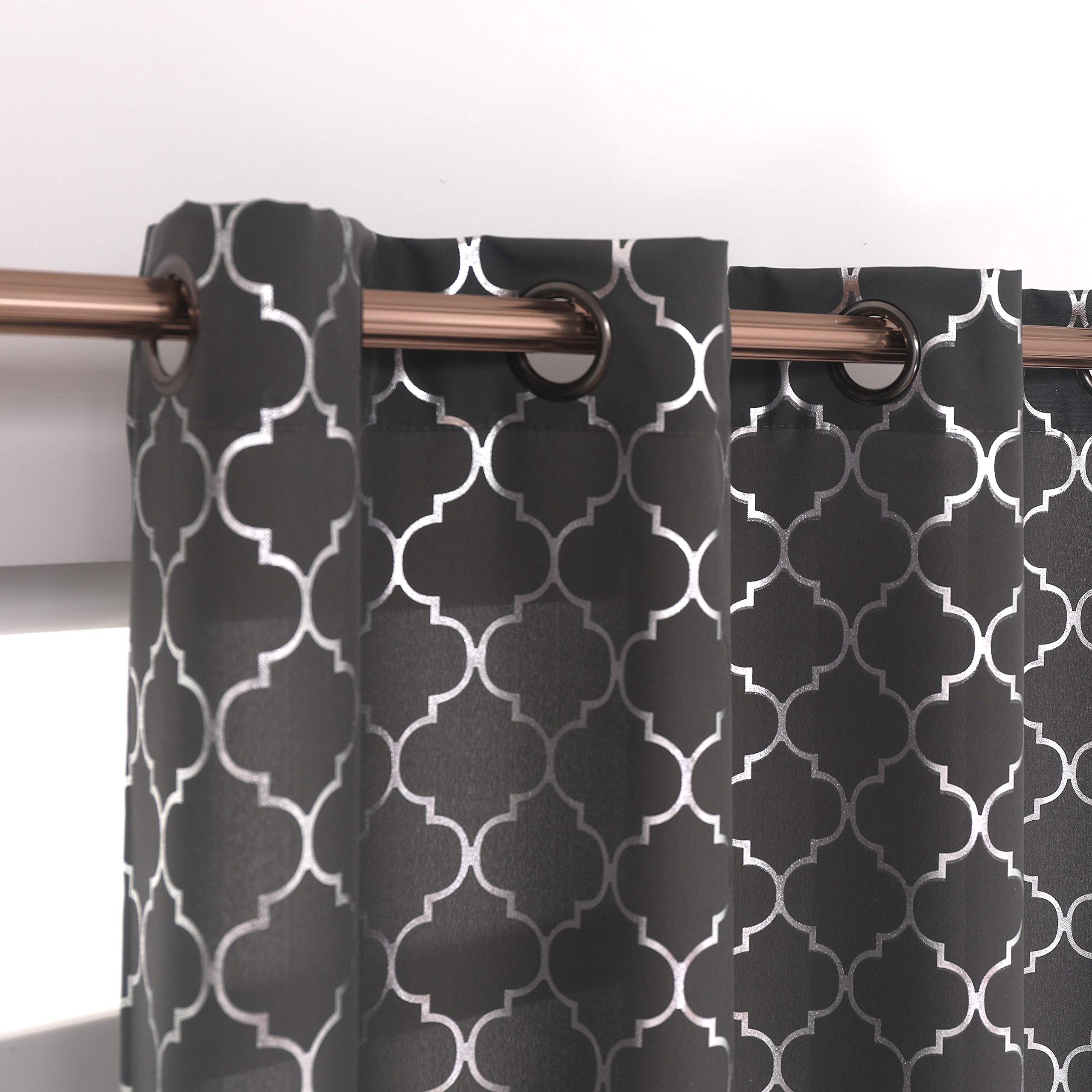 Taisier Home Metallic Dark Grey Light Blocking Curtain Living-Room Moroccan Print Silver Curtains 84 inch Linen Texture Geometry Lattice Curtains for Bedroom Window Treatment Set Grommet Top