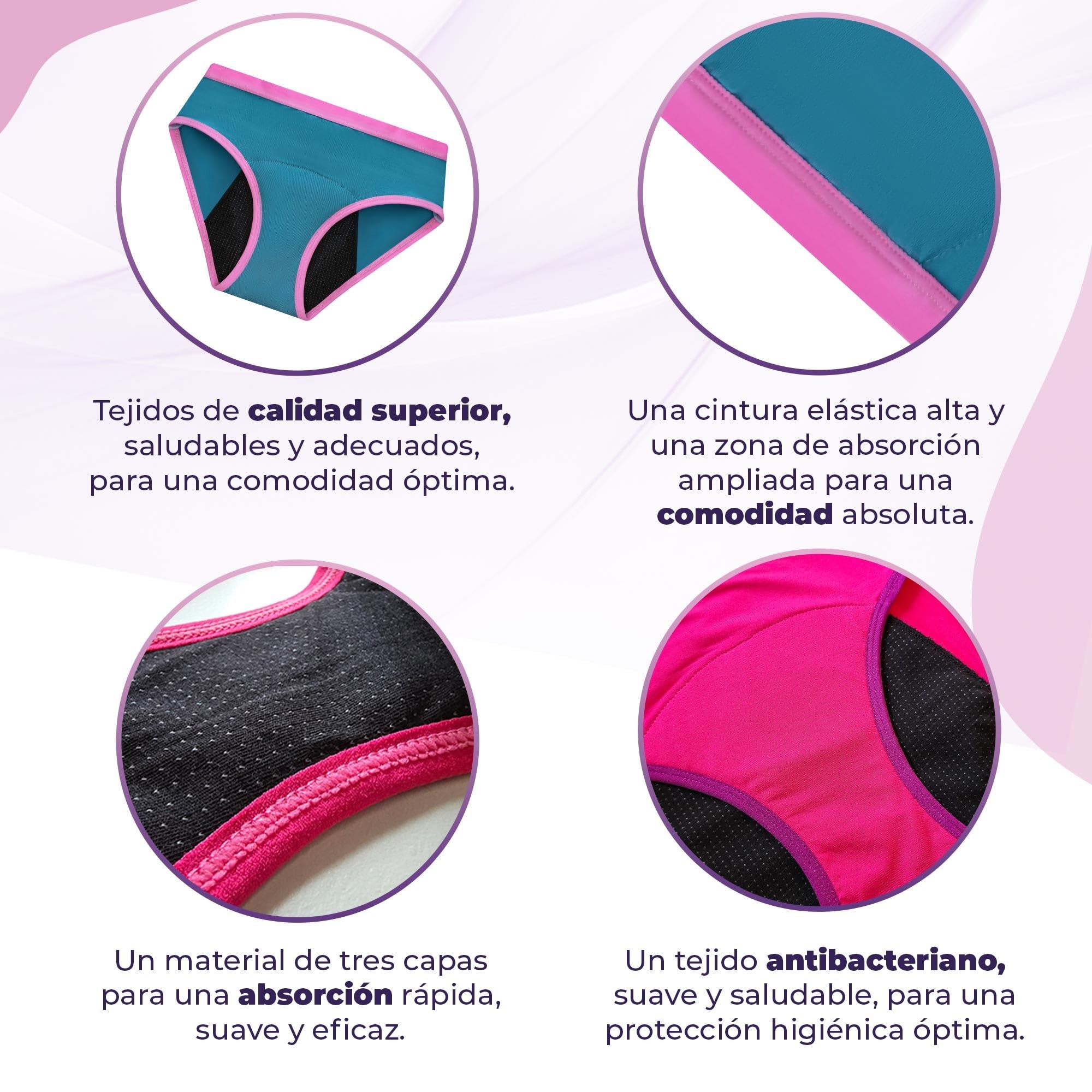Bragas Menstruales Niñas en Fibra de Bambú | Absorción en Nido de Abeja, Transpirables, Antibacterianas | Ideales para Flujo Ligero a Flujo Abundante | Niñas y Adolescentes | OEKO-TEX (Pack de 3)