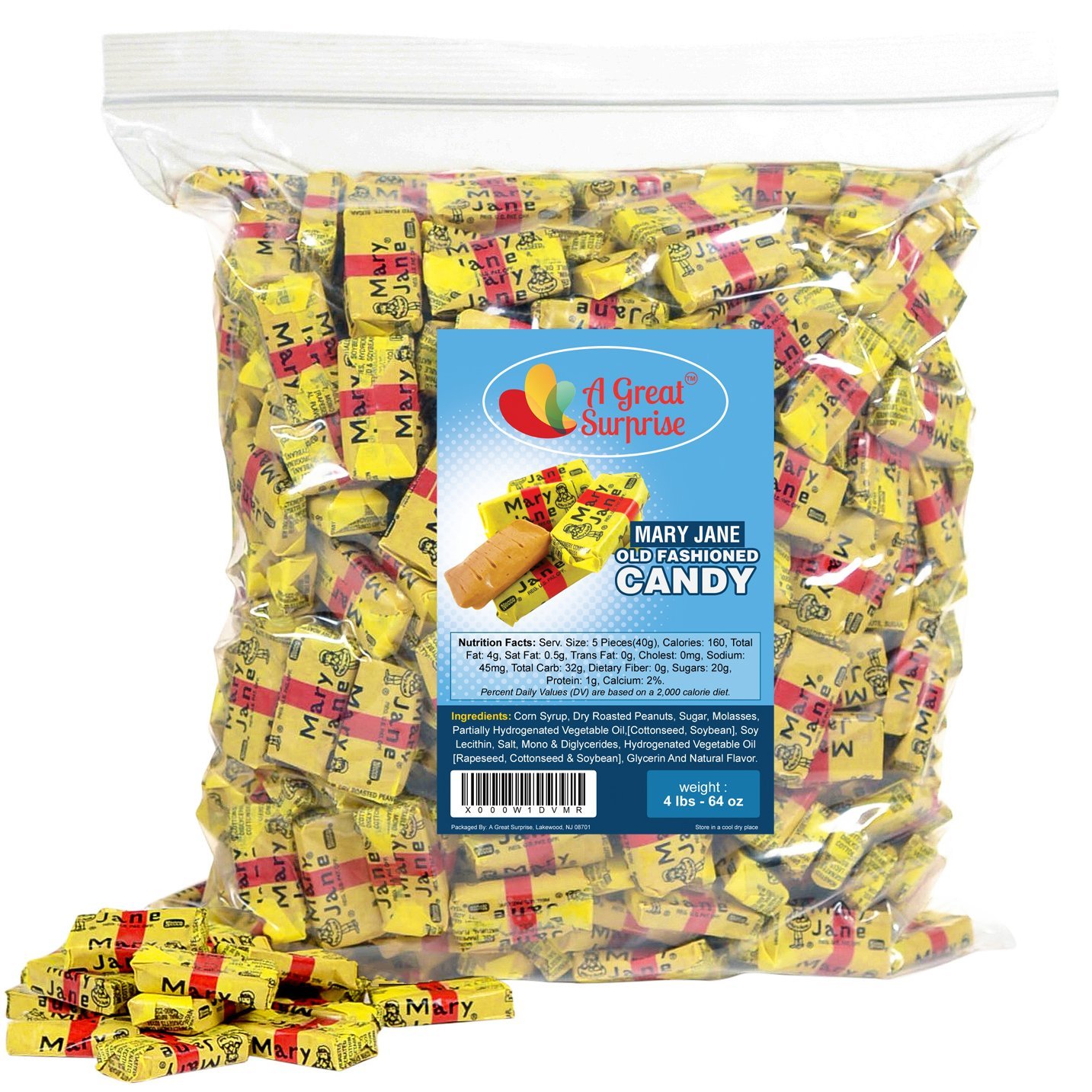Mary Janes Old Fashioned Candy - Mary Jane Candy Bulk, Original, 4 LBS Party Bag, Family Size, Bulk Candy