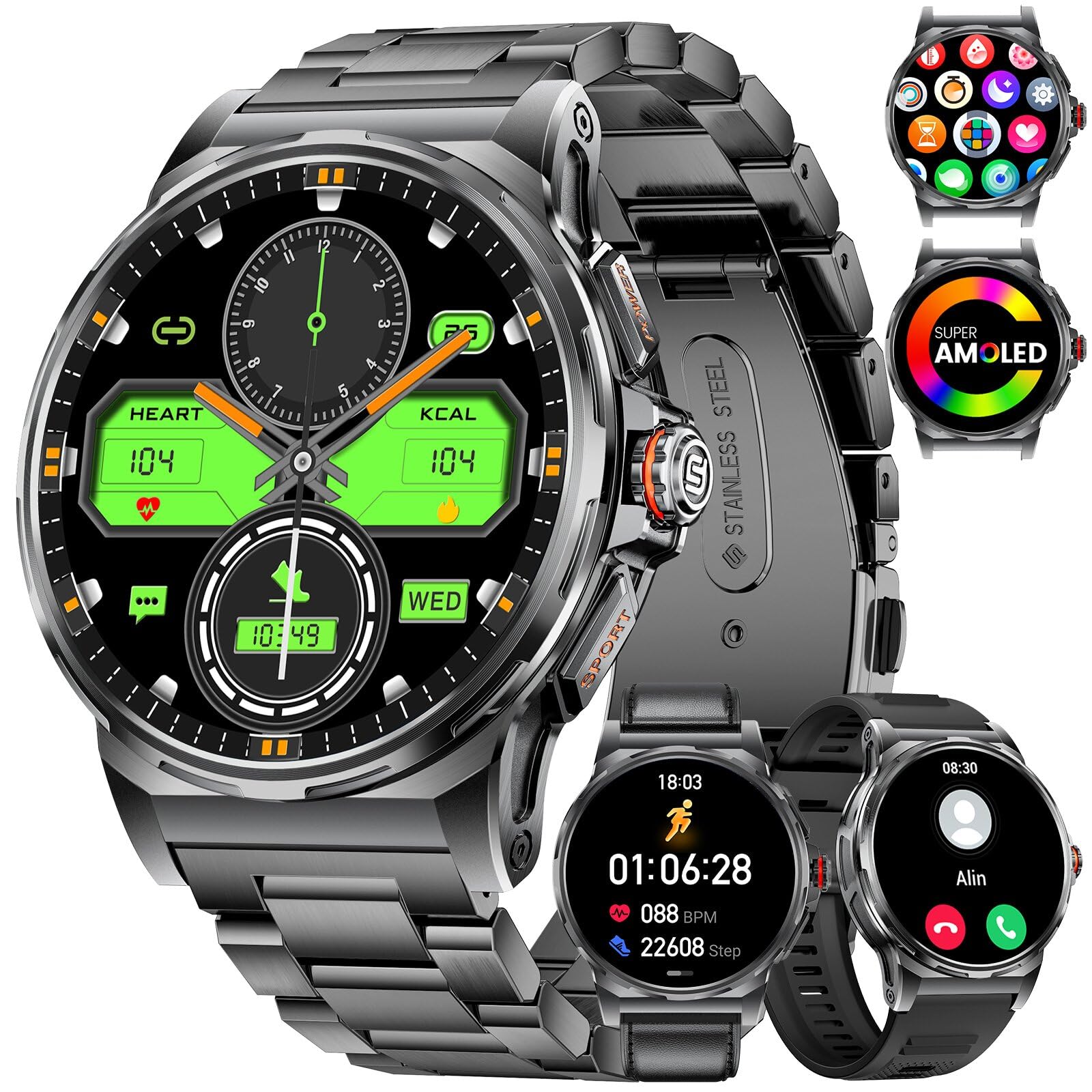 Militär Smartwatch Herren, 1,43-Zoll-AMOLED-Smartwatch mit Bluetooth-Anruf, 3 Armbänders, IP68 Wasserdicht/Herzfrequenz/Schlafmonitor, 120+ Sportmodi Outdoor Sportuhrfür Android iOS, Schwarz