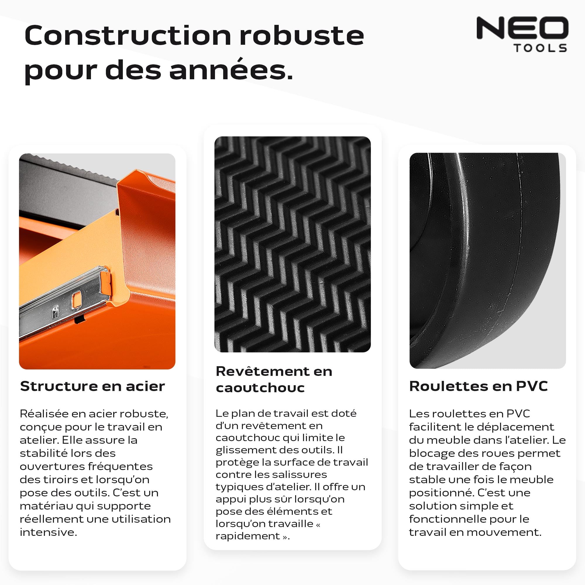 NEO TOOLS Servante d'atelier remplie d'outils, 117 pièces, 5 compartiments, tiroirs avec roulement à billes, verrouillable centralement, tapis antidérapant, roues pivotantes, frein de stationnement,