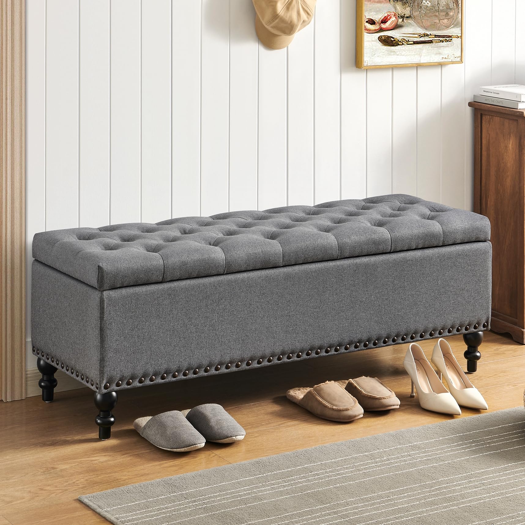 Ottoman with Storage,50.2-inch Upholstered End of Bed Storage Bench for Bedroom,for The Living Room,for Entryway, with Rivets & Button and Safety Hinges (Grey)…
