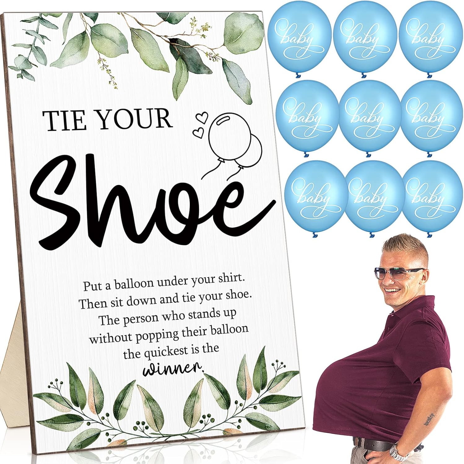 Roowest 51 Pcs Tie Your Shoe Baby Shower Game Sign Wooden Baby Shower Sign Greenery Gift Sets Gender Reveal Party Favors 50 Balloons Latex Balloons for Game Supplies(Blue)