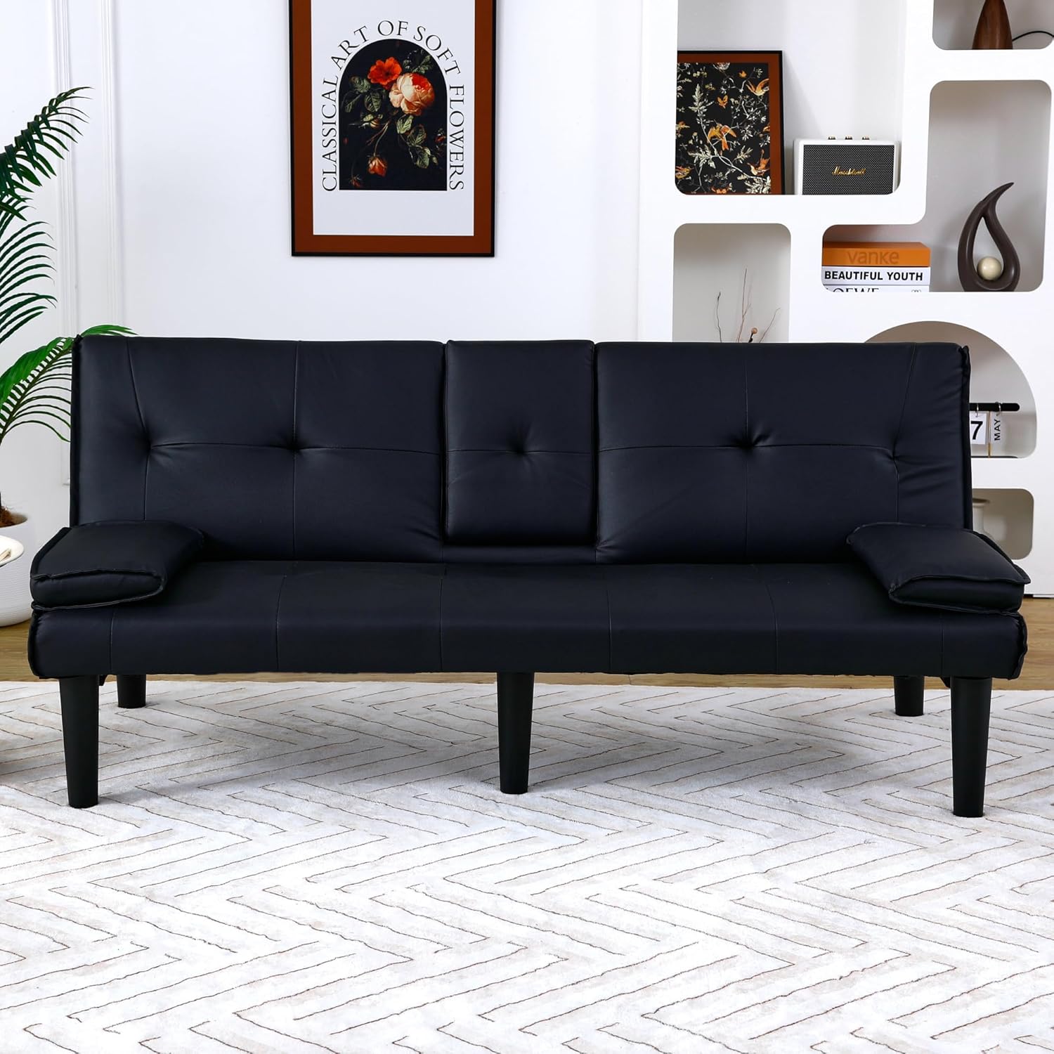 Faux Leather Convertible Folding Futon Sofa Bed with 2 Cup Holders, Sleeper Couch Bed with Removable Armrests, Metal Legs, Upholstered Loveseat for Living Room, Apartment, Dorm, Office (Black-New)
