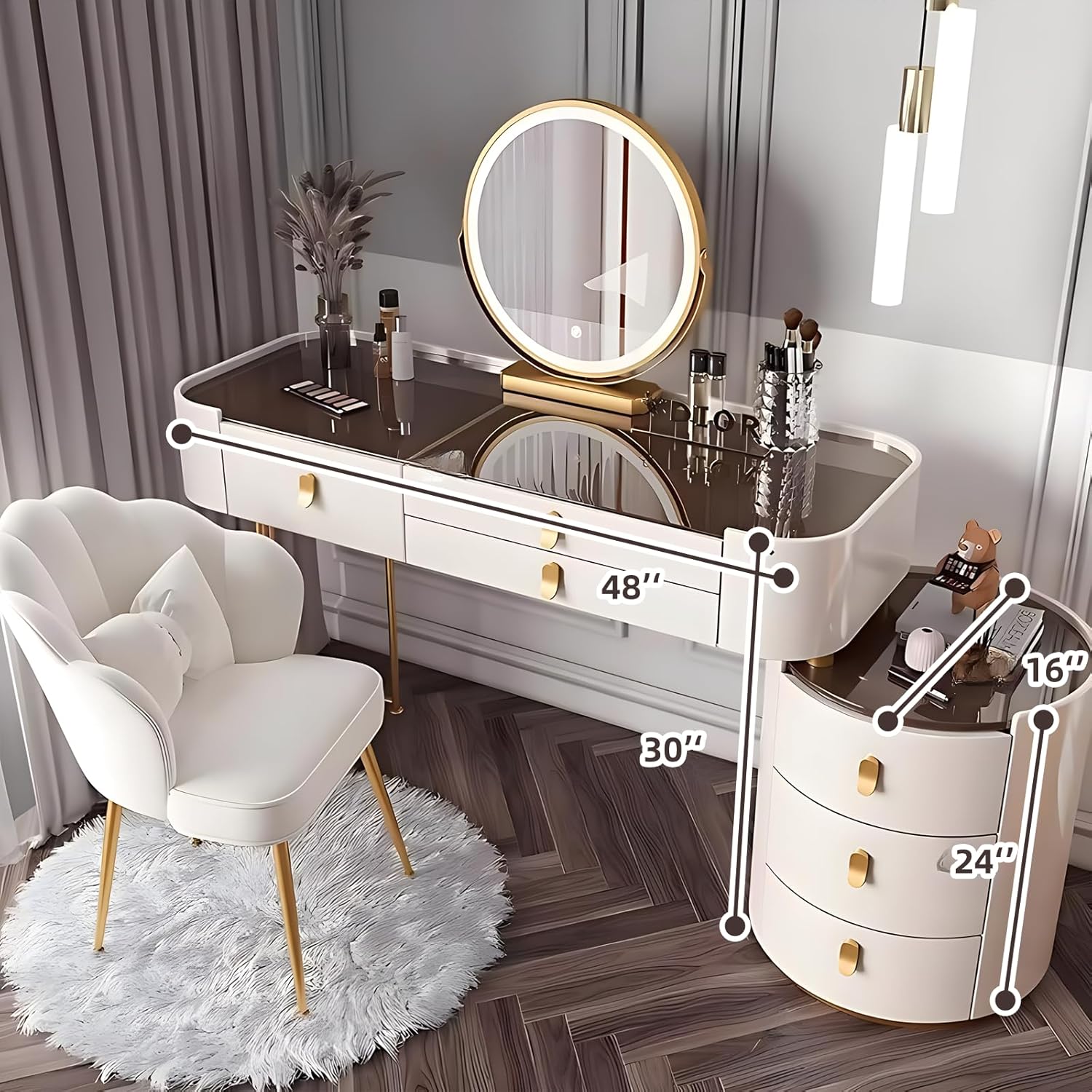 Vanity Table, Solid Wood Makeup Vanity Smart Mirror Includes Glass Top & Makeup Chair, Modern Vanities Desk with Storage Drawers, Home Furniture Vanities for Bedroom, Gifts for Her (White,48IN) 48" White-3d