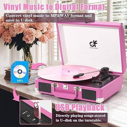 Miniatura 5 de Tocadiscos de vinilo Bluetooth, tocadiscos portátil vintage de 3 velocidades con 2 altavoces integrados, grabación USB, tocadiscos para