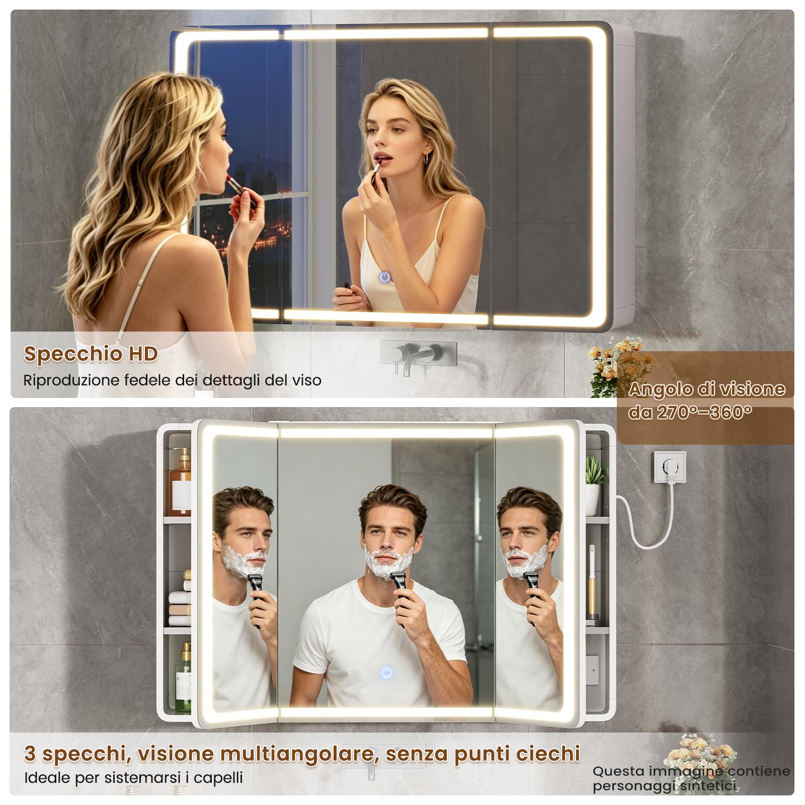 Specchio Bagno Contenitore 90x17x60 cm, Specchiera Bagno, Bianco | Illuminazione a LED a 3 colori, Ripiani Regolabili, Presa Elettrica, Specchio Grande HD Orientabile, Pulsante Touch, 3 Ante