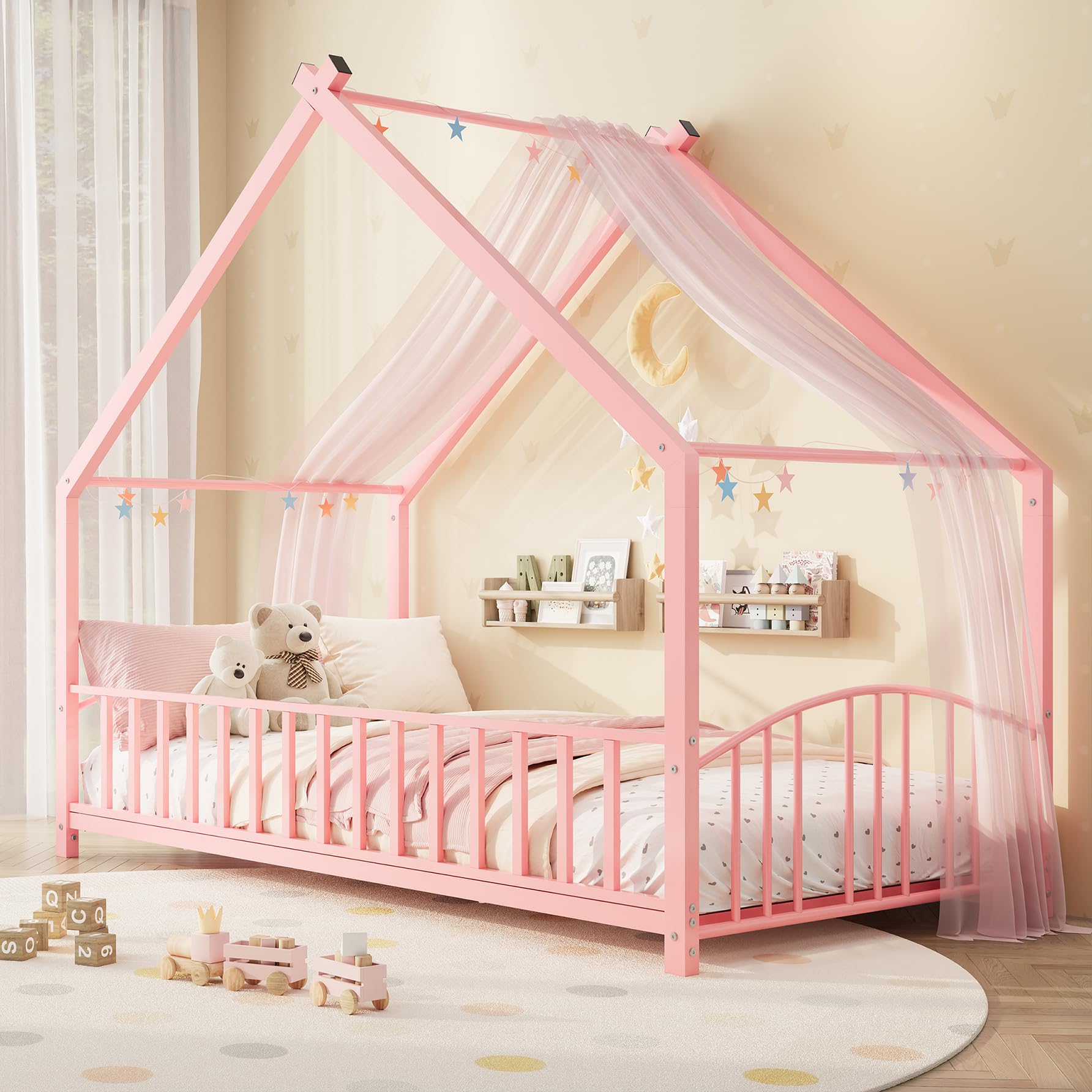 Garvee Twin Size House Shape Bed Frame with Rail, Pink
