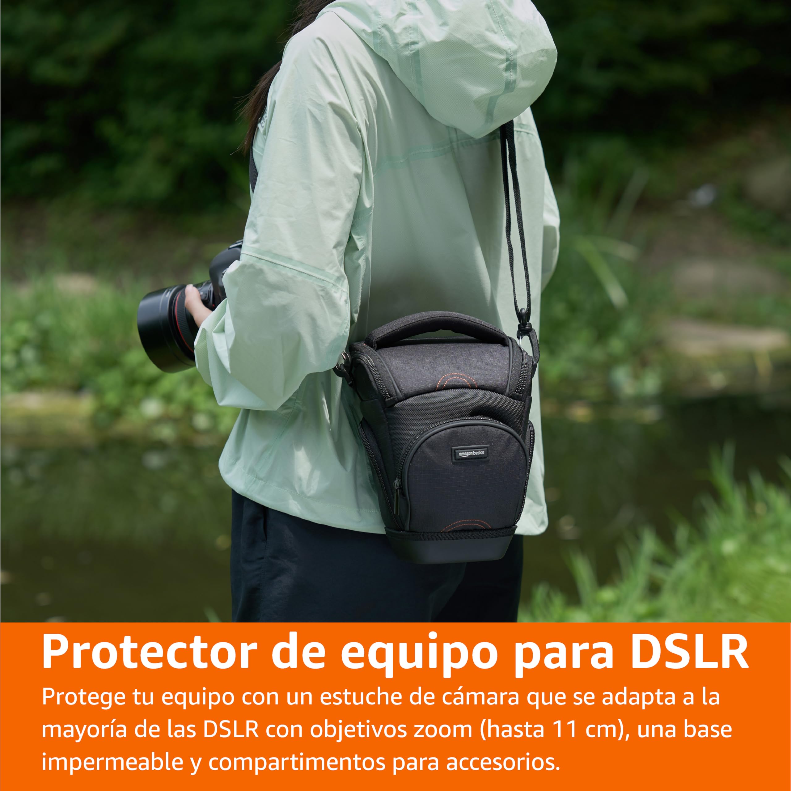 Amazon Basics Bolso Bandolera Estilo Funda para Cuerpo de Cámara SLR y Objetivo, Correa Desmontable, Impermeable, Antiimpactos, Acolchado, Sólido, Bolsillo para Accesorios - Negro, 17,5 x 16 x 23 cm