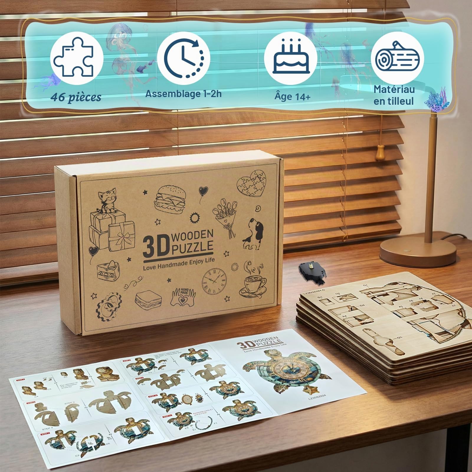 Puzzles 3D pour adultes - Horloge tortue de Noël à faire soi-même, mécanisme avec pendule en bois - Décoration murale de bureau, chambre à coucher, cadeau personnalisé pour les amateurs de bricolage