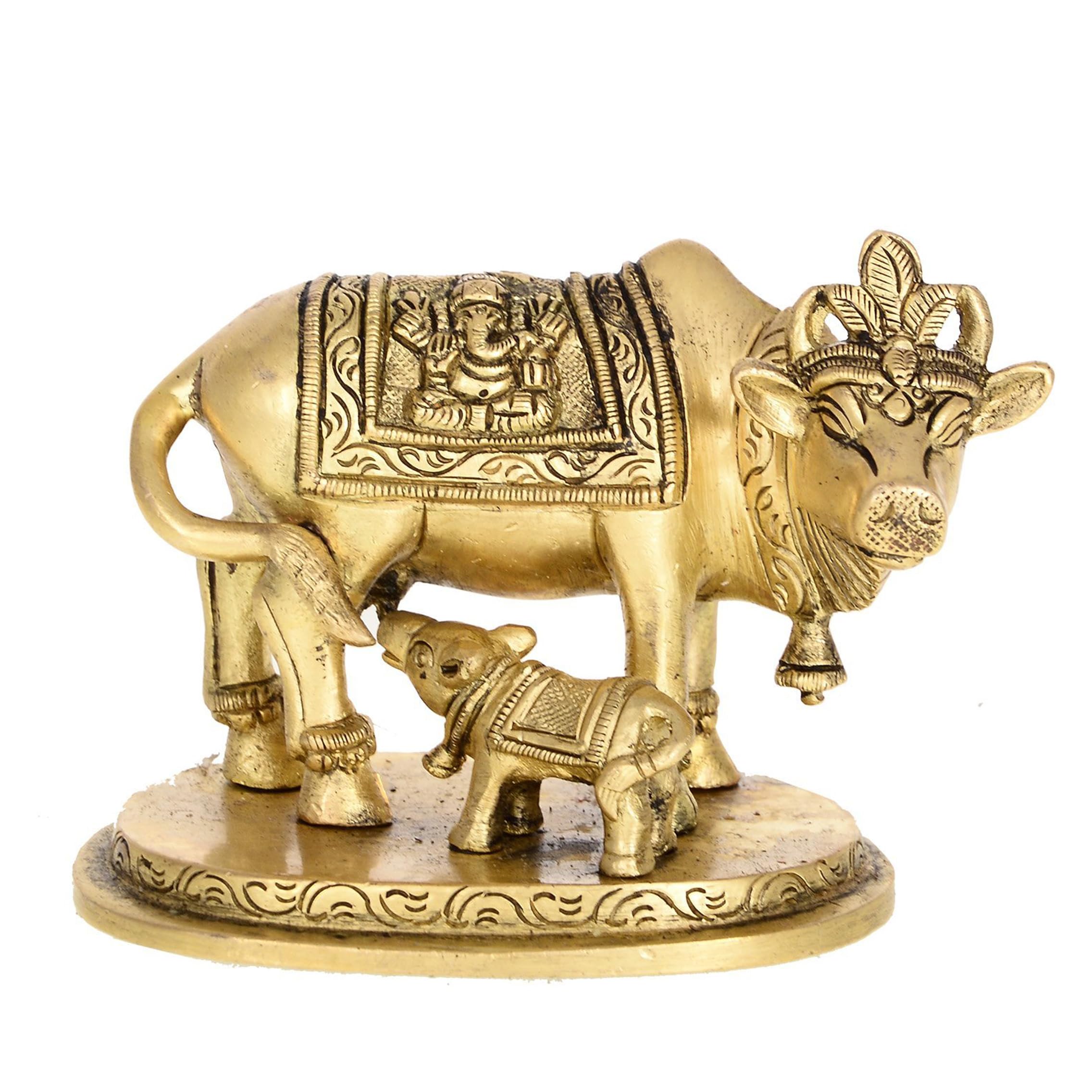 Two Moustaches Brass Holy Kamdhenu Cow and Calf Sculpture, Standard, Pack of 1