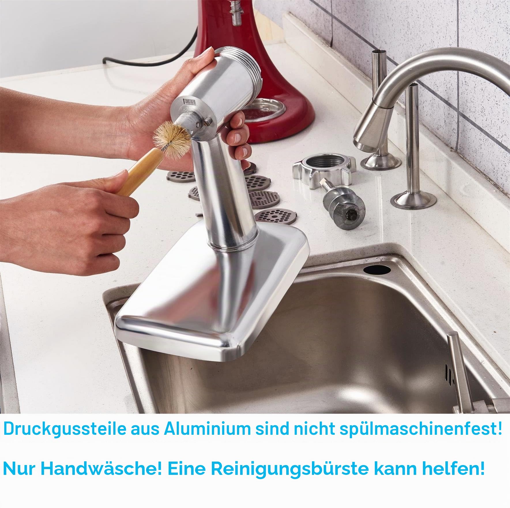 GVODE Fleischwolf-Aufsatz für KitchenAid Standmixer, inklusive 3 Wurstfüllhörner, 2 Schleifklingen, 4 Mahlscheiben und einer Reinigungsbürste – Fleischwolf-Zubehör für KitchenAid