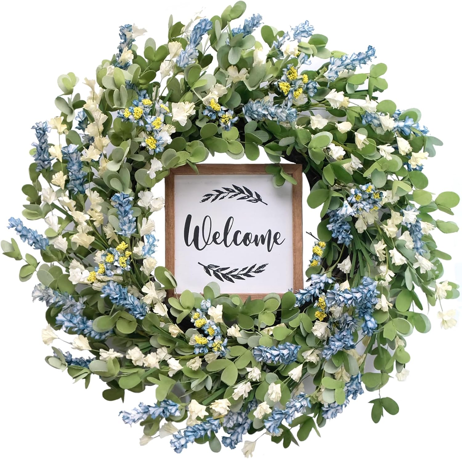 Artificial Blue Wreath for Front Door, 20 inch Artificial Leaves and White Flowers Wreath with Welcome Sign, Spring Greenery Wreaths for Front Door Wall Window Festival Decor