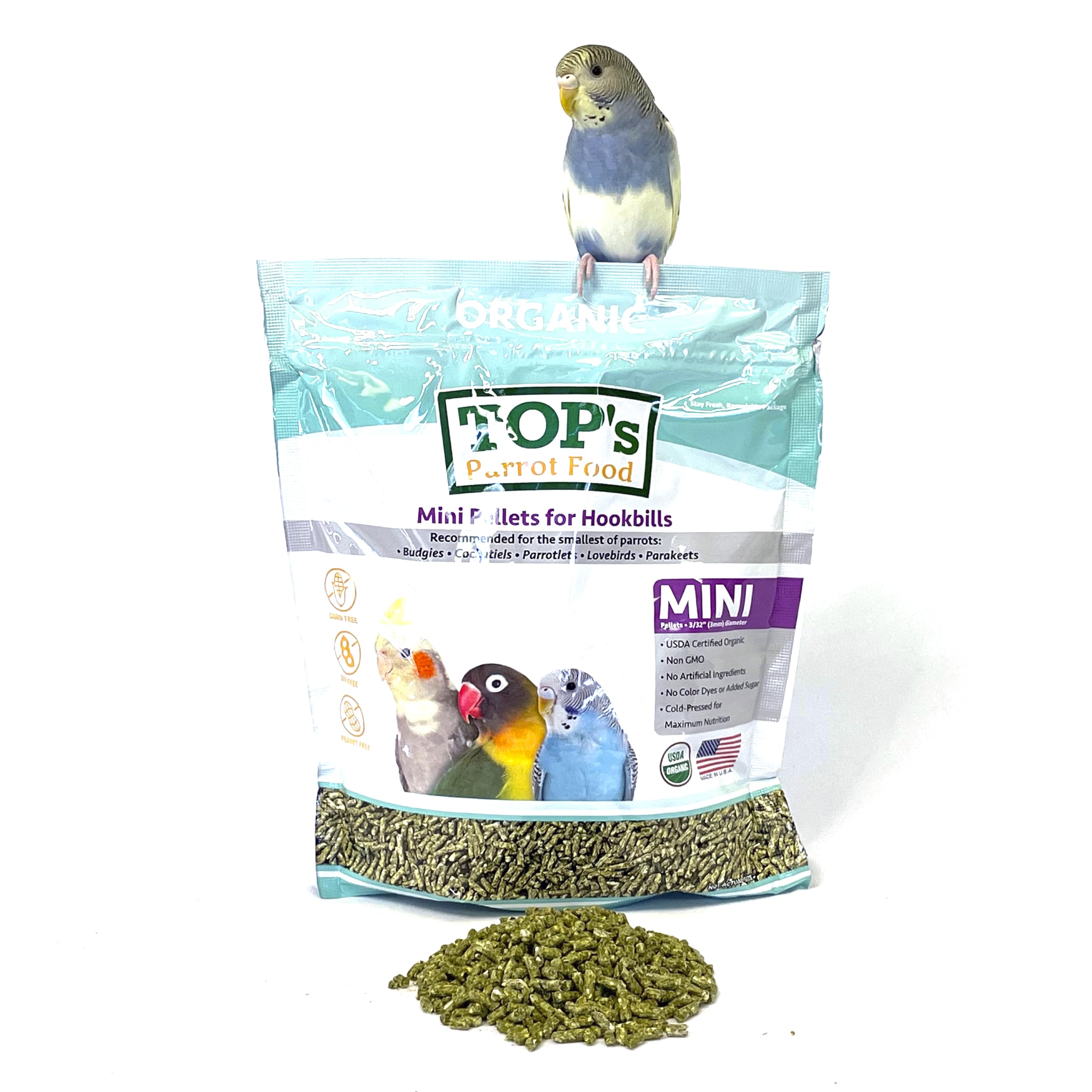 TOP's Parrot Food Mini Pellets Bird Food for Budgies, Cockatiels, Parrotlets, Lovebirds, Parakeets - Non-GMO, Peanut Soy & Corn Free, USDA Organic Certified - 1 lbUSDA Organic