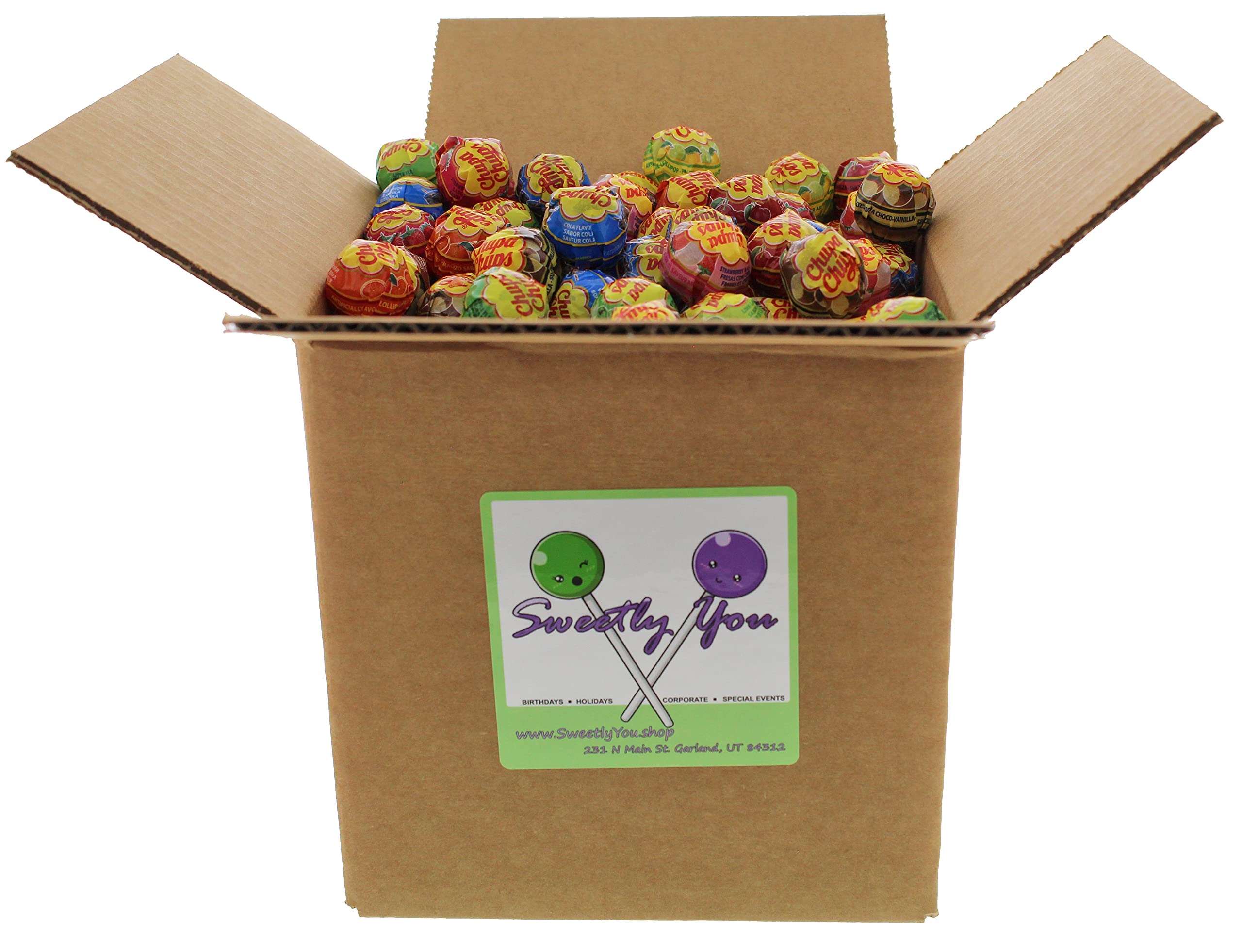 Chupa Chups 6.25LB - 9 Flavors of Fruity, Creamy, Cola Lollipops in 7x7x7 in. Cardboard Box