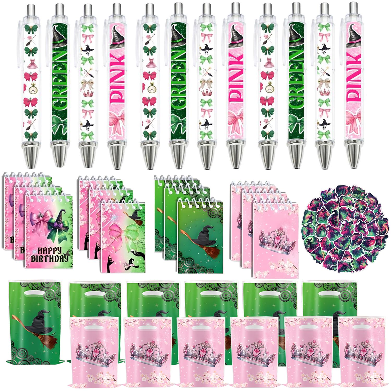 Augweyang Green Witch Pink Princess Stationery Party Gifts Supplies Set with Notebooks Ballpoint Pens Stickers Gift Bags for Birthday Themed Party Goodie Bags Pinata Fillers Stuffers Rewards