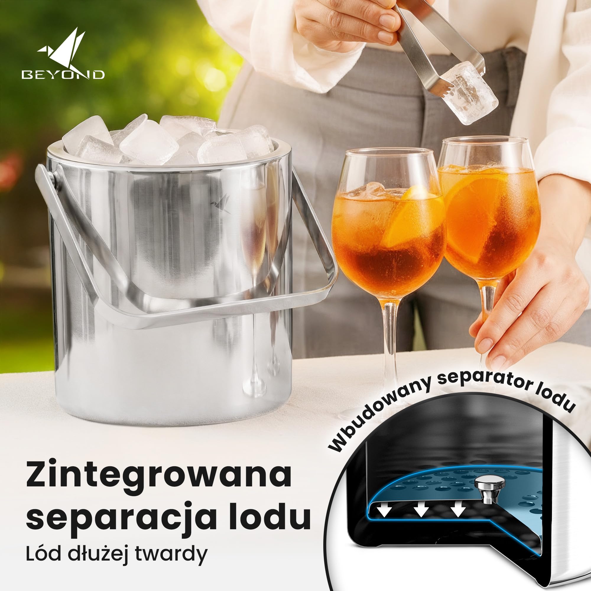 Beyond Pojemnik na Kostki Lodu z Pokrywką i Szczypcami ze Stali Nierdzewnej BPA-free – Chłodziarka do Lodu z Podwójnymi Ściankami, 1,3 Litra Kostek Lodu, Wiaderko na Lód, Kubełek na Lód – Srebrny