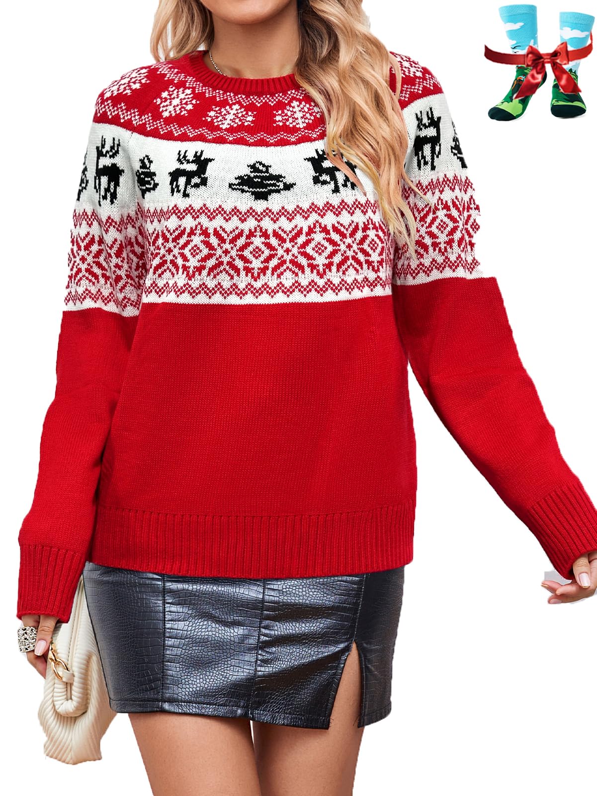 Cute Christmas Sweater for Women Long Sleeve Crewneck Ugly Christmas Sweater Loose Pullover Knitwear