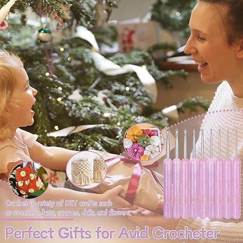 Miniatura 7 de Coopay Juego de 9 ganchos de ganchillo morados, juego de 9 agujas de ganchillo de aluminio liso con mango cómodo, gancho de ganchillo ligero para