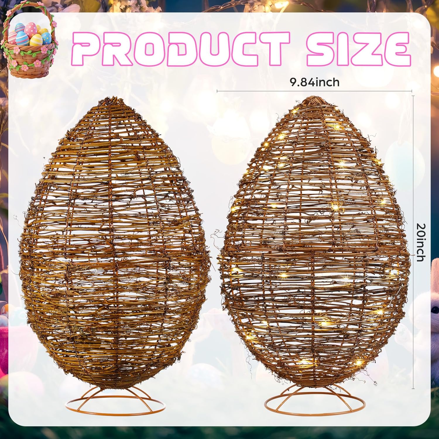 20 Inch Set of 2 Large Easter Porch Decor Outdoor, Rattan Eggs Topiary with 9.84ft LED Lights Easter Eggs Decoration for Home Outdoor Indoor Porch Garden Farmhouse Spring Decoration