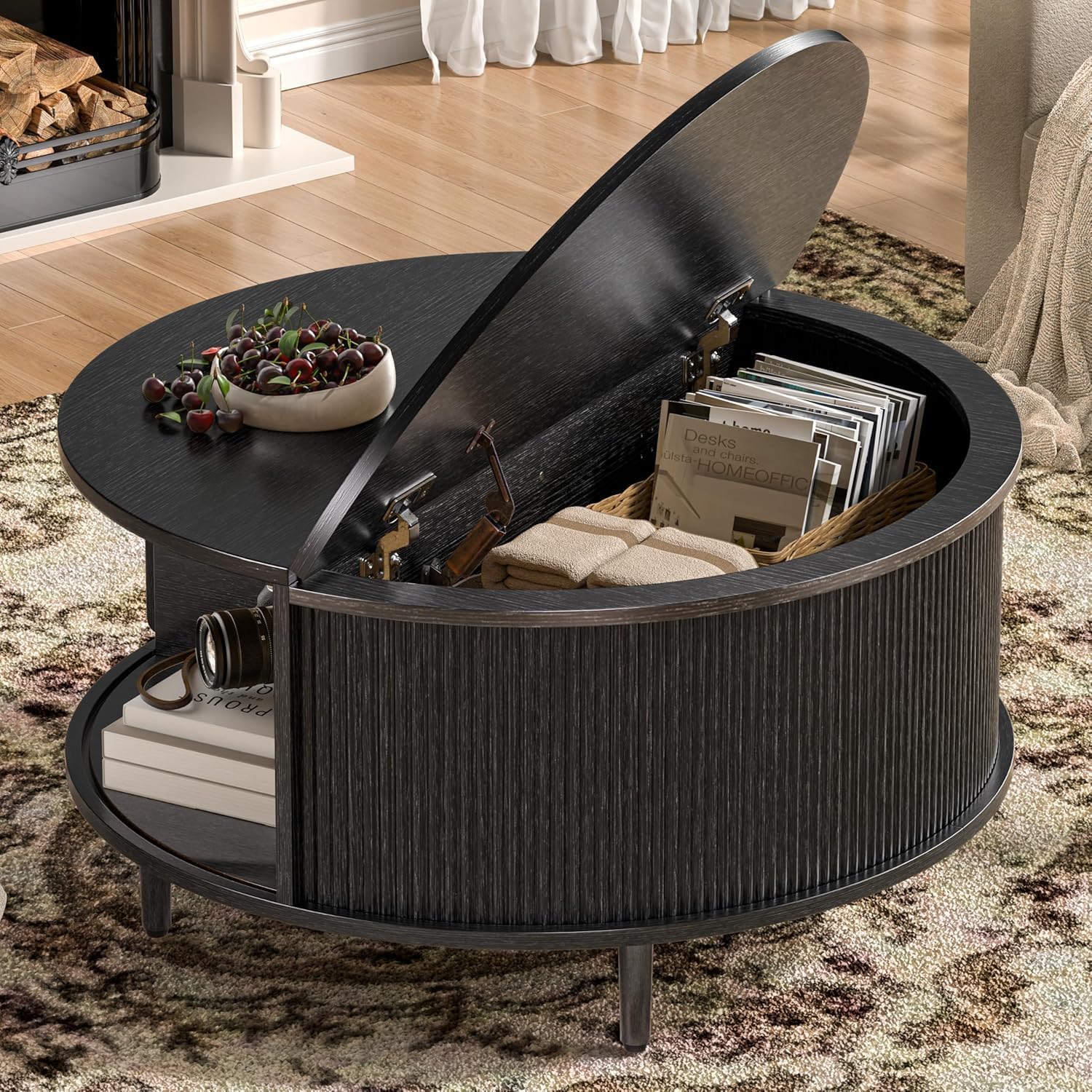 BEROXII Round Coffee Table with Storage in Black