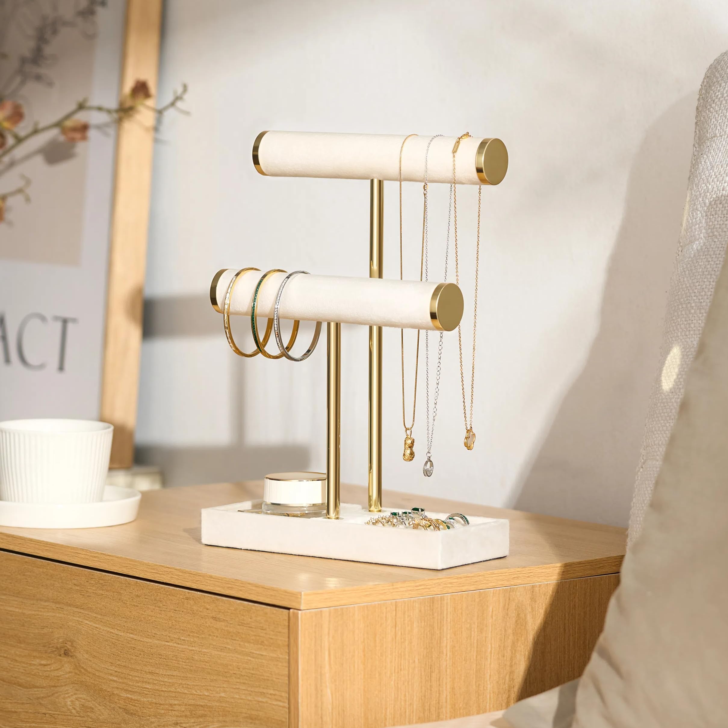 2 Tier Bracelet Holder Display - Detachable T Bar Beige Velvet Bracelet Holder, Jewelry Holder Organizer for Bracelet, Necklace, Earrings, Rings