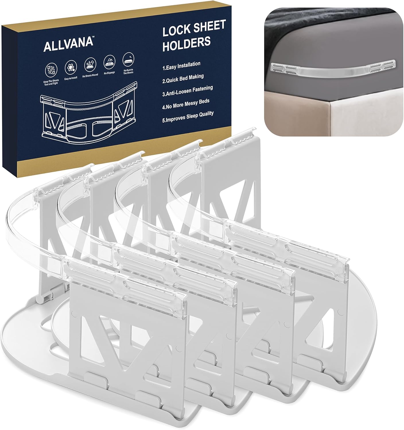 New Upgraded ABS+PC Lock Bed Sheet Holders for Corners - Heavy-Duty Sheet Clips & Straps with Super Grip Fasteners, Keep Sheets Tight & Secure on All Bed Types, Universal Fit