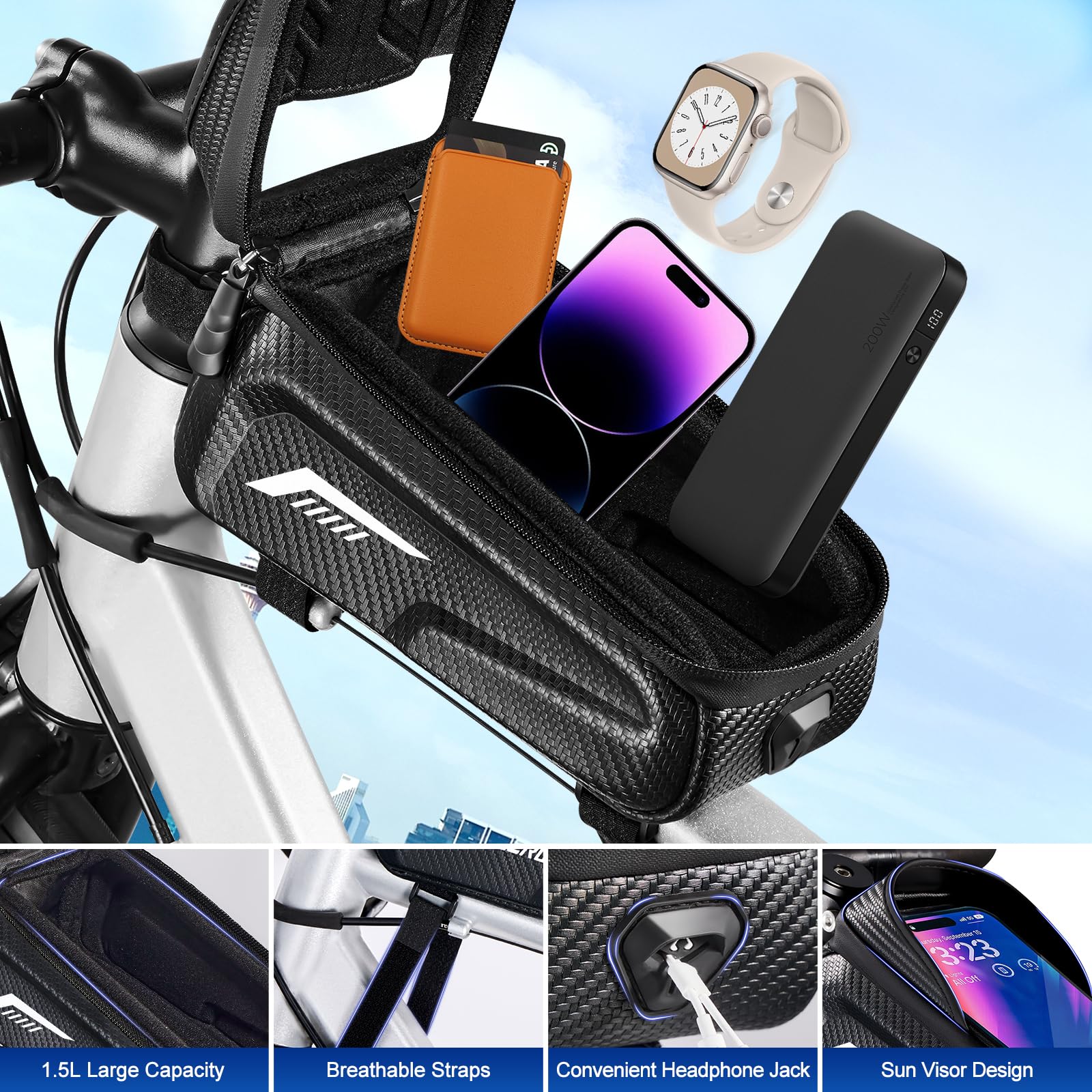 Sacoche Velo Étanche, Grande Capacité Sacoche de Cadre Vélo, Sacoche VTT Vélo avec Visière Solaire 3D et Ecran Tactile TPU, pour Smartphone sous 6,8 Pouces, pour VTT Vélo de Course