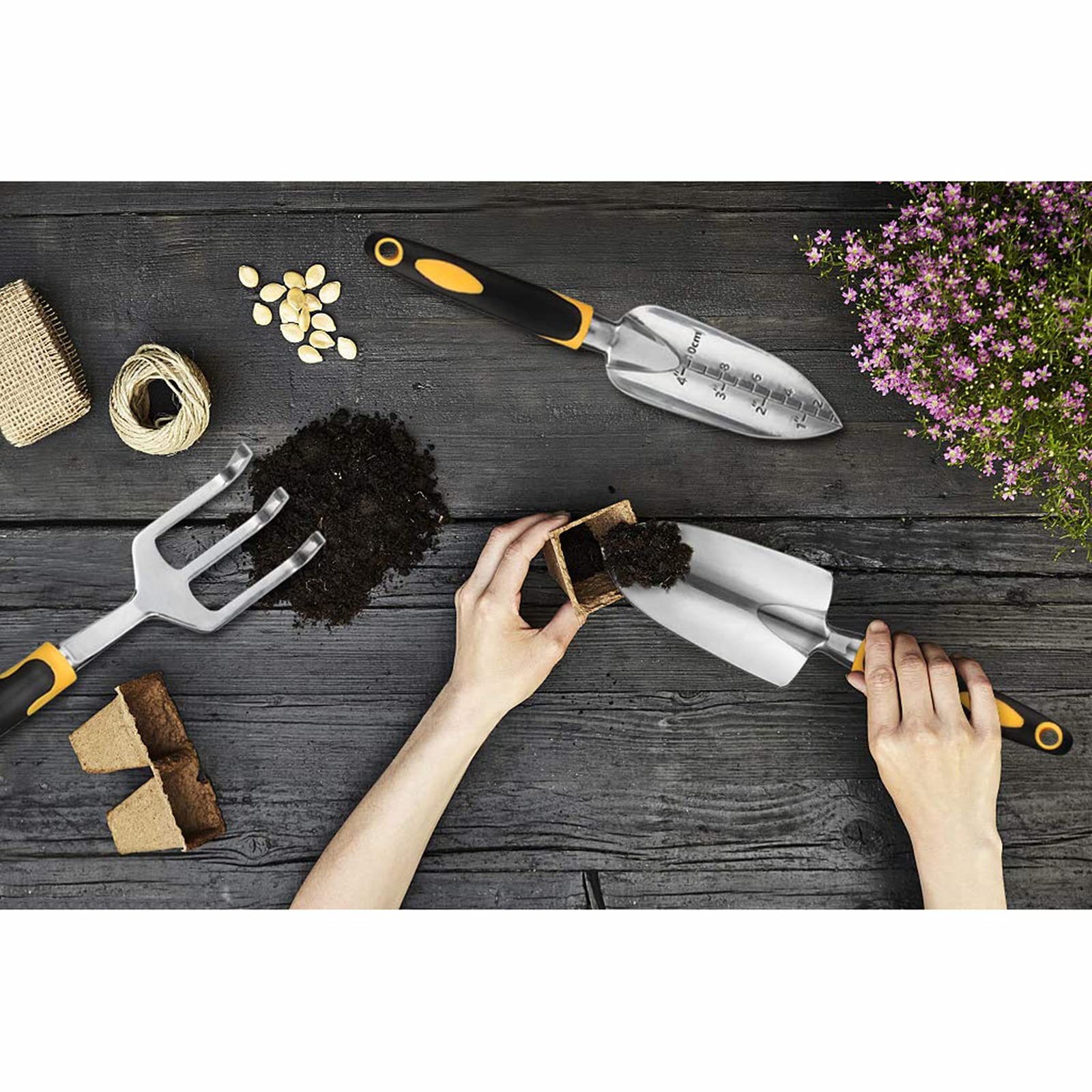 DINGFAN Juego de Herramientas Jardinería, Kit de Herramientas de Jardinería de Aluminio 5 Piezas con Guantes, Kit Plantación de Manos para Interiores y Exteriores, Regalos Jardinería