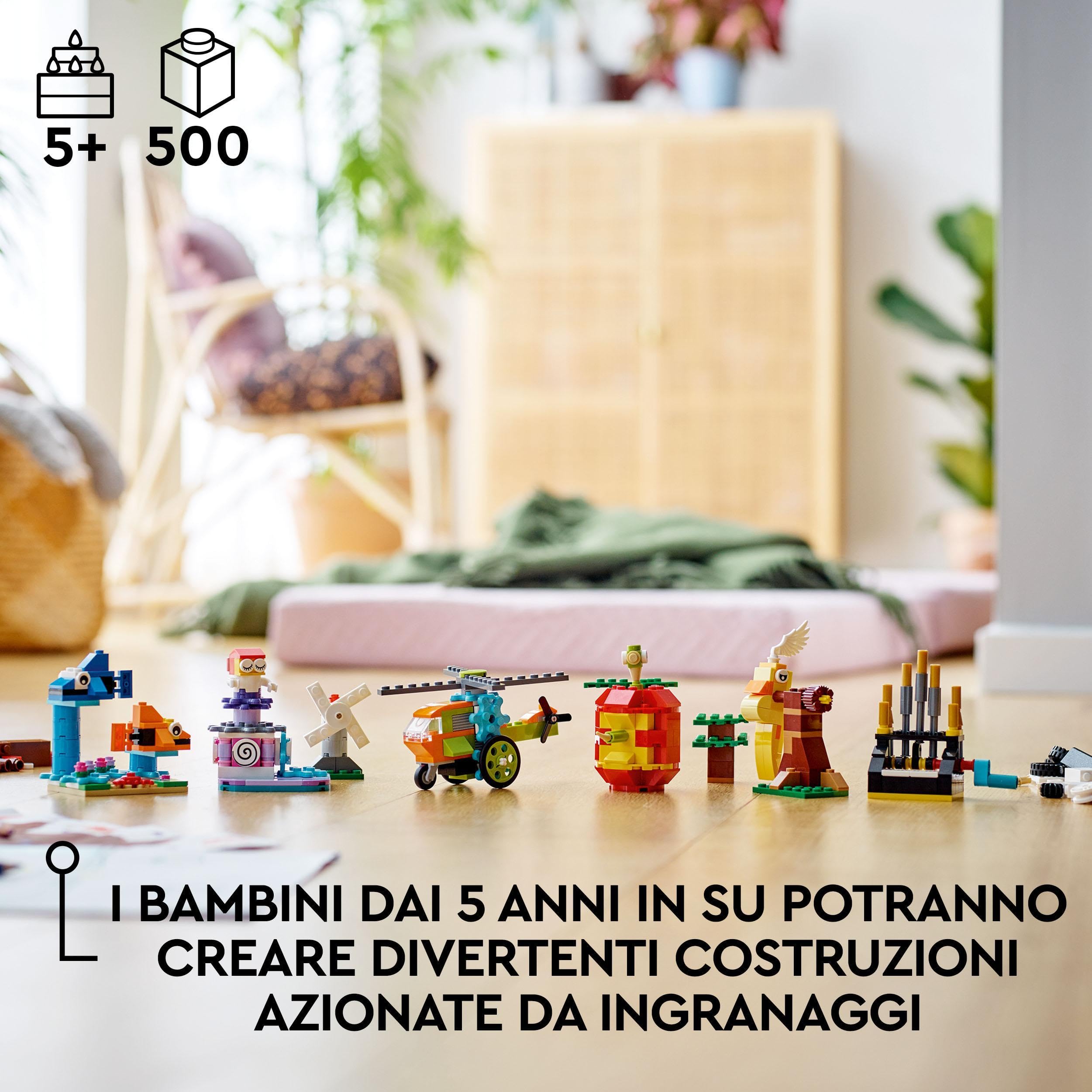 LEGO Classic Mattoncini e Funzioni, Idee Creatie per Costruire 7 Mini Modellini con Meccanismi e Ingranaggi, come una Ballerina, una Mela o un Elicottero Giocattolo, Giochi per Bambini e Bambine 11019