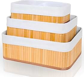 Cestos Organizadores de Bambu Kit 3 Unidades com Forro Interno – Jogo Multiuso Natural para Banheiro, Armário, Lavanderia e Organização de Pia, Elegante e Decorativo Premium