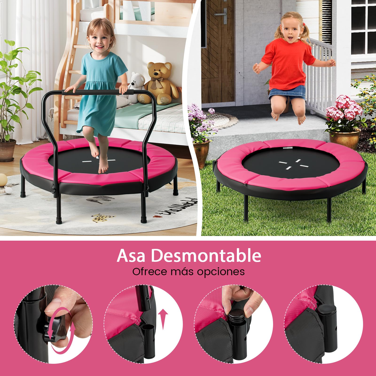 GYMAX Mini Trampolín, Cama Elástica Infantil con Barandillas, Pies Antideslizantes para Interior y Exterior, Niños de 3 a 6 Años, Capacidad de 100 kg