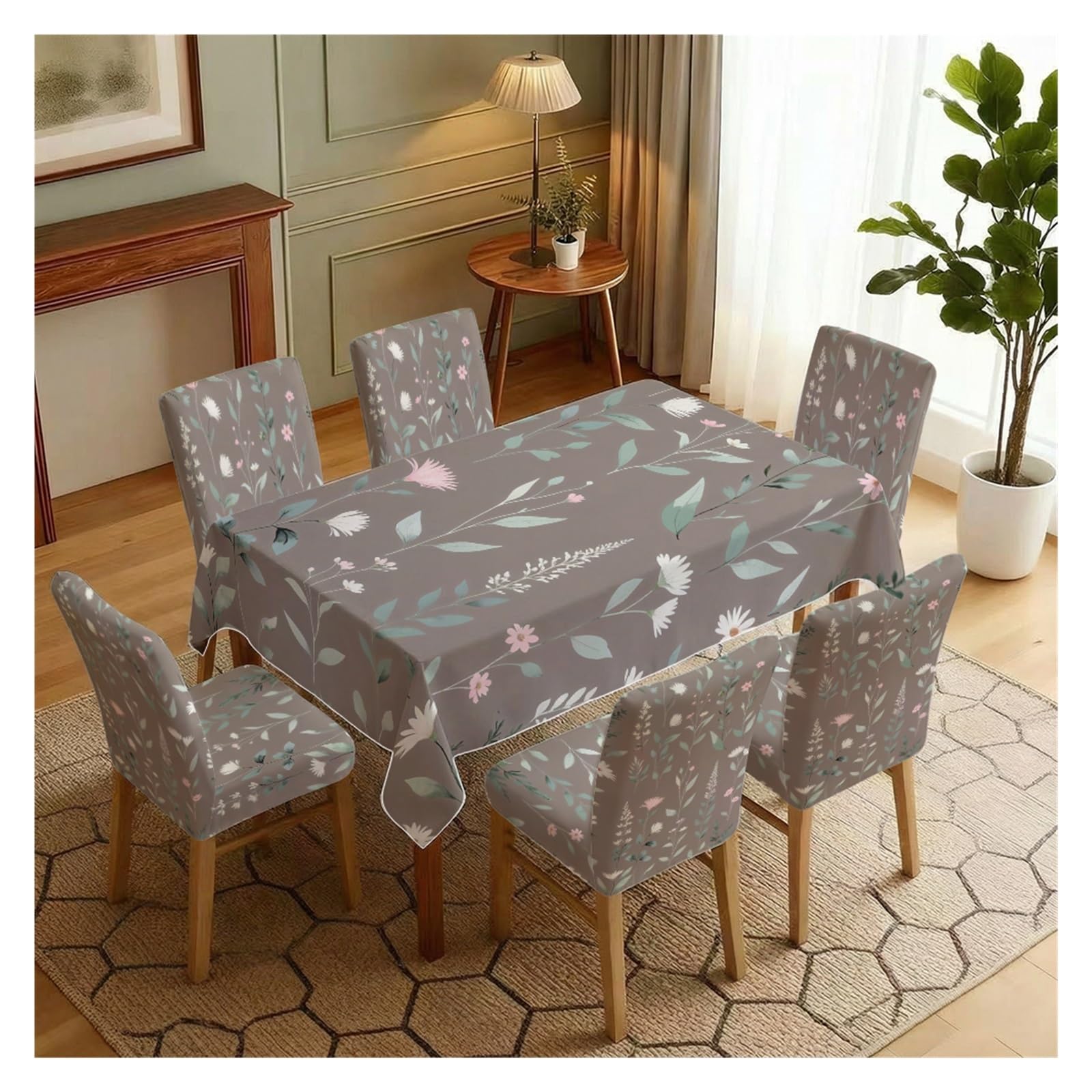 KXUAUV Grey Wildflower Print Stretch Dining Chair Covers Tablecloth Set, For Kitchen Dining Living Room Farmhouse Decor, 5/7 Pack Party Decor(7pcs Set: Tablecloth+Chair Covers)