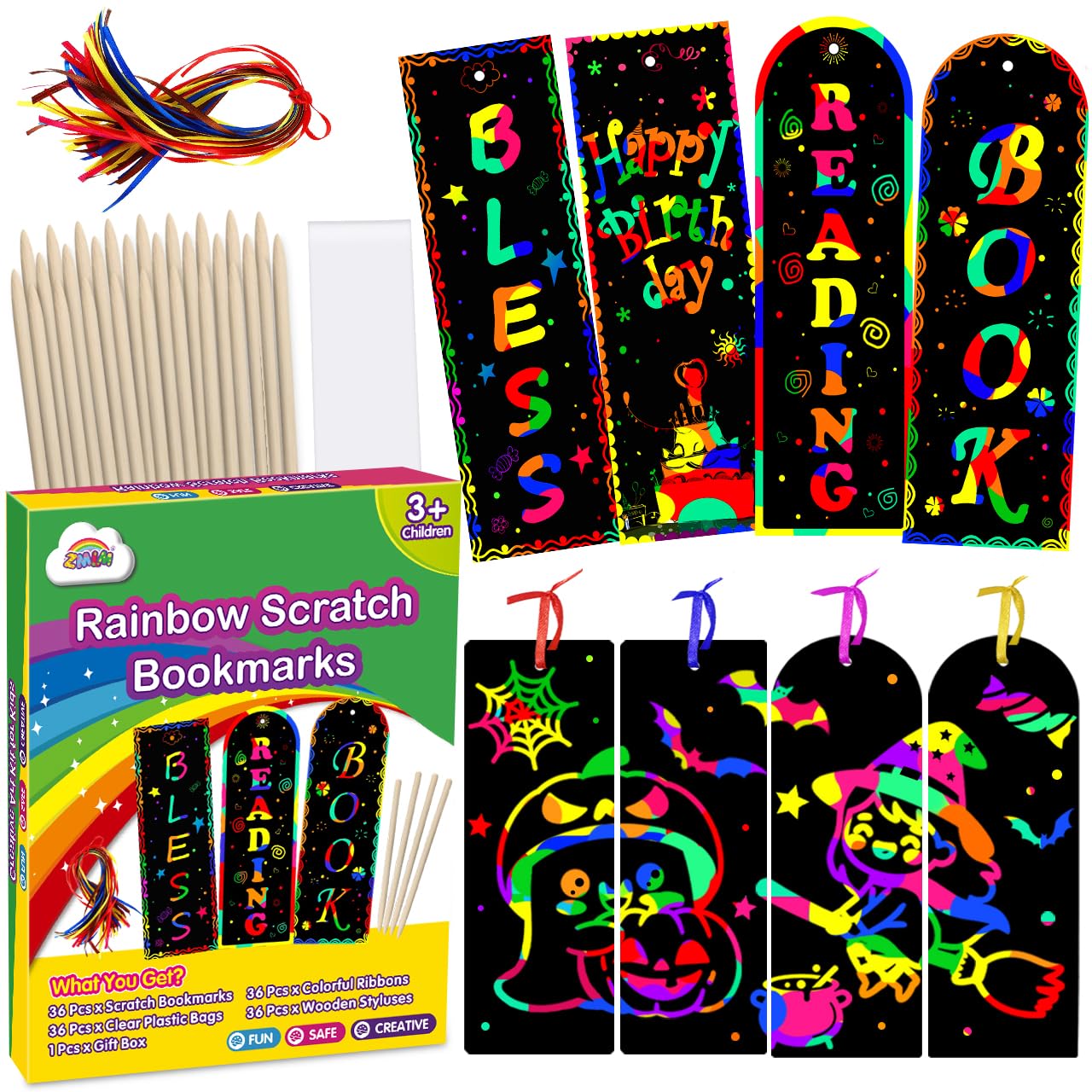 ZMLM Rainbow Scratch Paper Art Bookmarks for Kids Party Favors 36 Pack