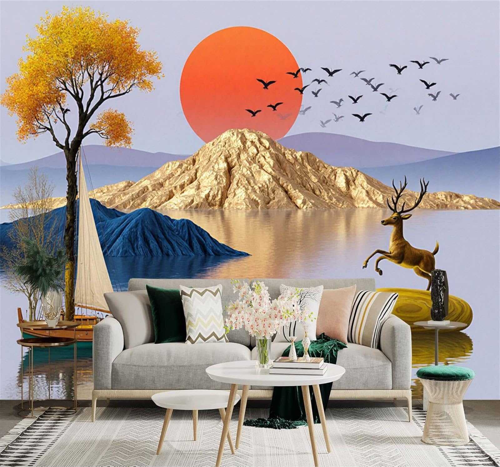 XLMING Golden Mountains Deer Sailing Boats Sunset Lakeside Scenery 3D Wallpaper Silky Texture Home Study Office Grey Dining Room Sofa Bedroom Living Room TV Backdrop-150cm×105cm