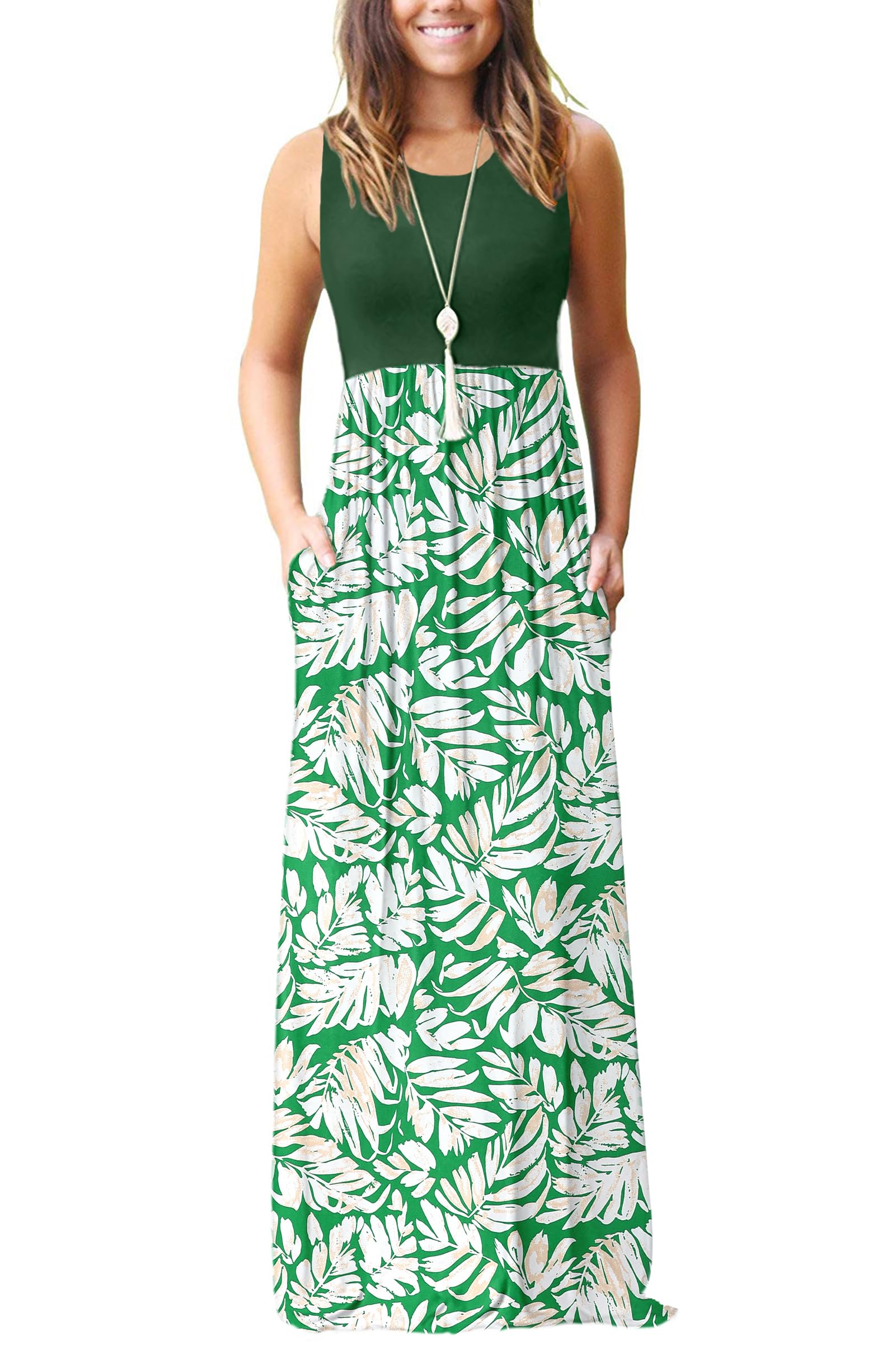 AUSELILY Women's Summer Sleeveless Loose Plain Casual Long Maxi Dresses | Year Round wear solid floral print, Casual daily wear, Empire waist, Floor length, Side pockets New