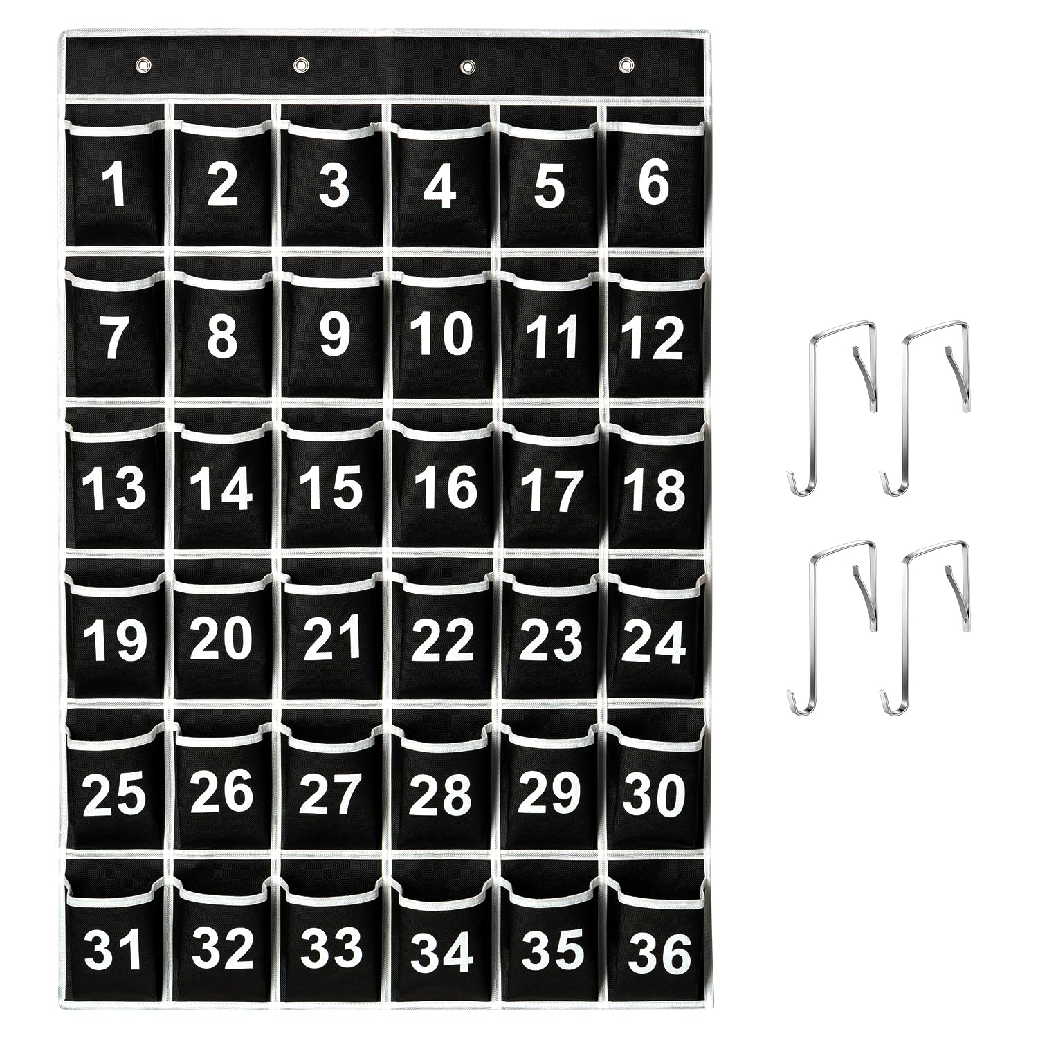 SAVERHO 36 Pockets Black Numbered Classroom Pocket Chart for Cell Phones, Hanging Pocket Chart Storage for Classroom Phone Calculator Holder with 4
