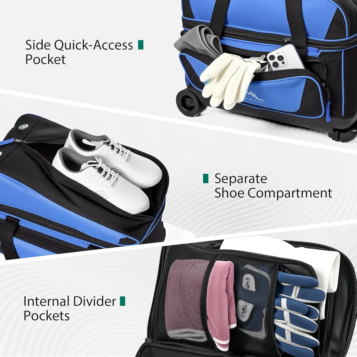 double roller 2 ball bowling bag with separate shoe compartment for bowling shoes (up to us mens size 15) and oversized accessory pocket, retractable handle - extends to 40" black-blue