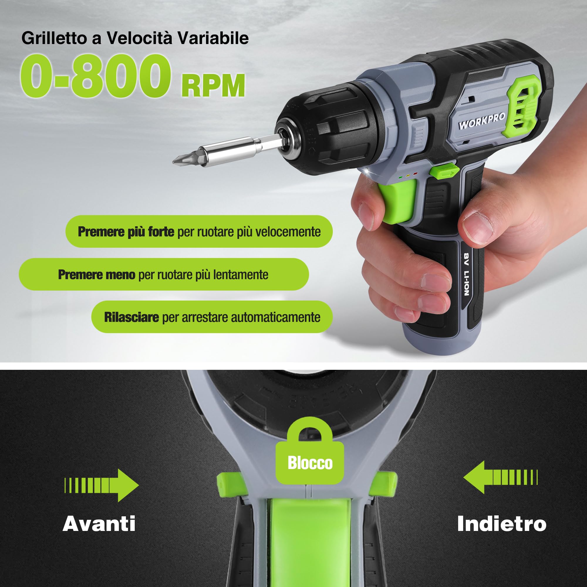 WORKPRO Cacciavite a Batteria 8V | Trapano Avvitatore a Velocità Variabile, Ricaricabile, Luce LED, Con 21 Accessori, Verde