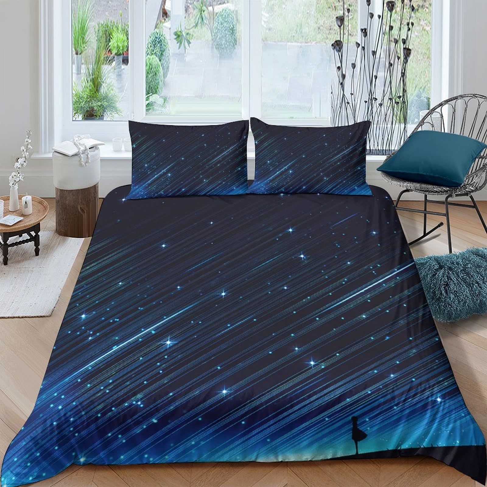 GPLZQXKJNH 3D Printed Shooting Stars Night Sky Duvet Cover Set Microfiber Soft Breathable Cosmic Meteor Bedding with 2 Pillowcases for Bedroom Decor Single（135x200cm）