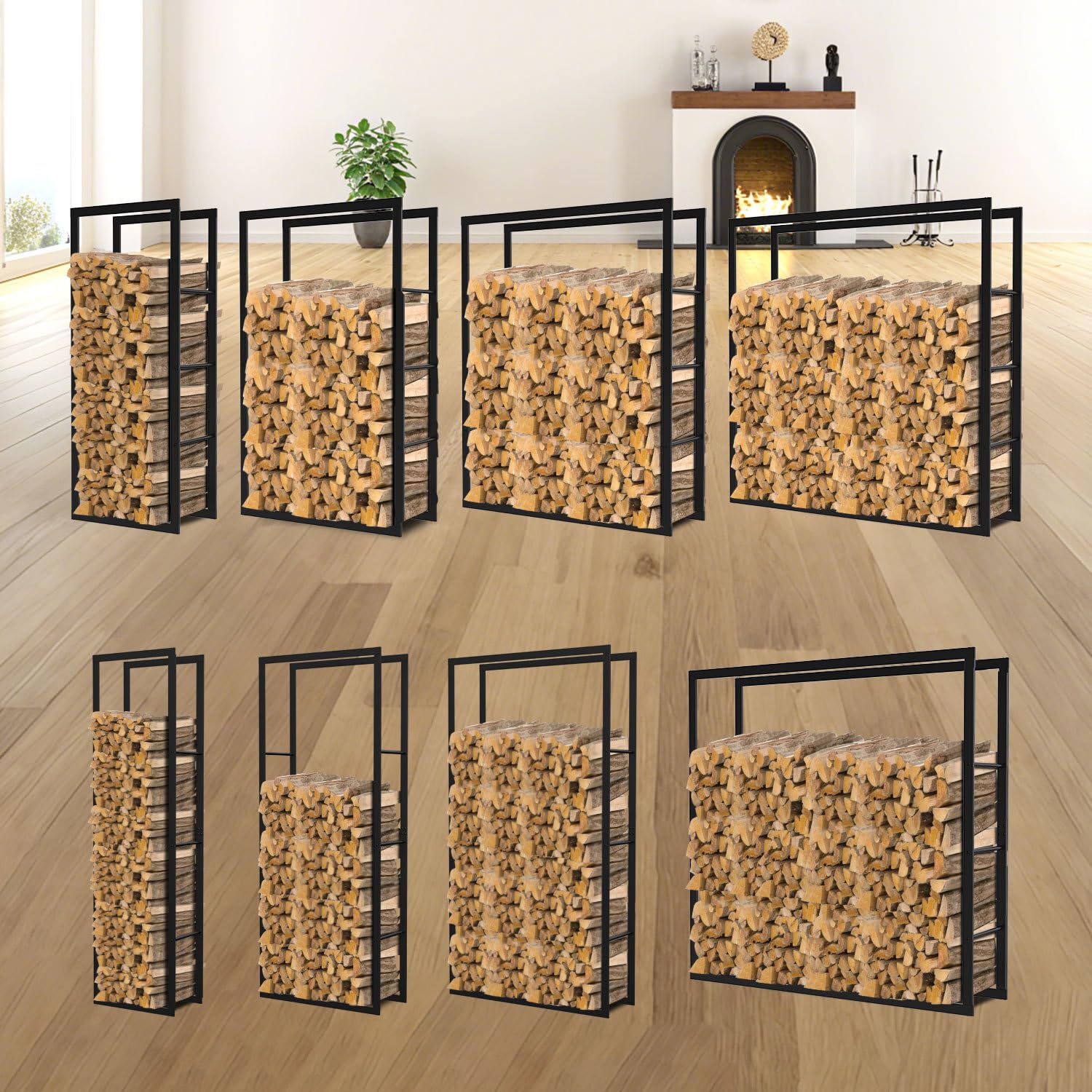 Ikodm kaminholzregal Innen und Aussen, Metall Brennholzregal außen 40 x 25 x 150CM, Holzstapelhilfe für Kamin & Ofen, Holzunterstand für Kaminholz Aussen, Schwarz