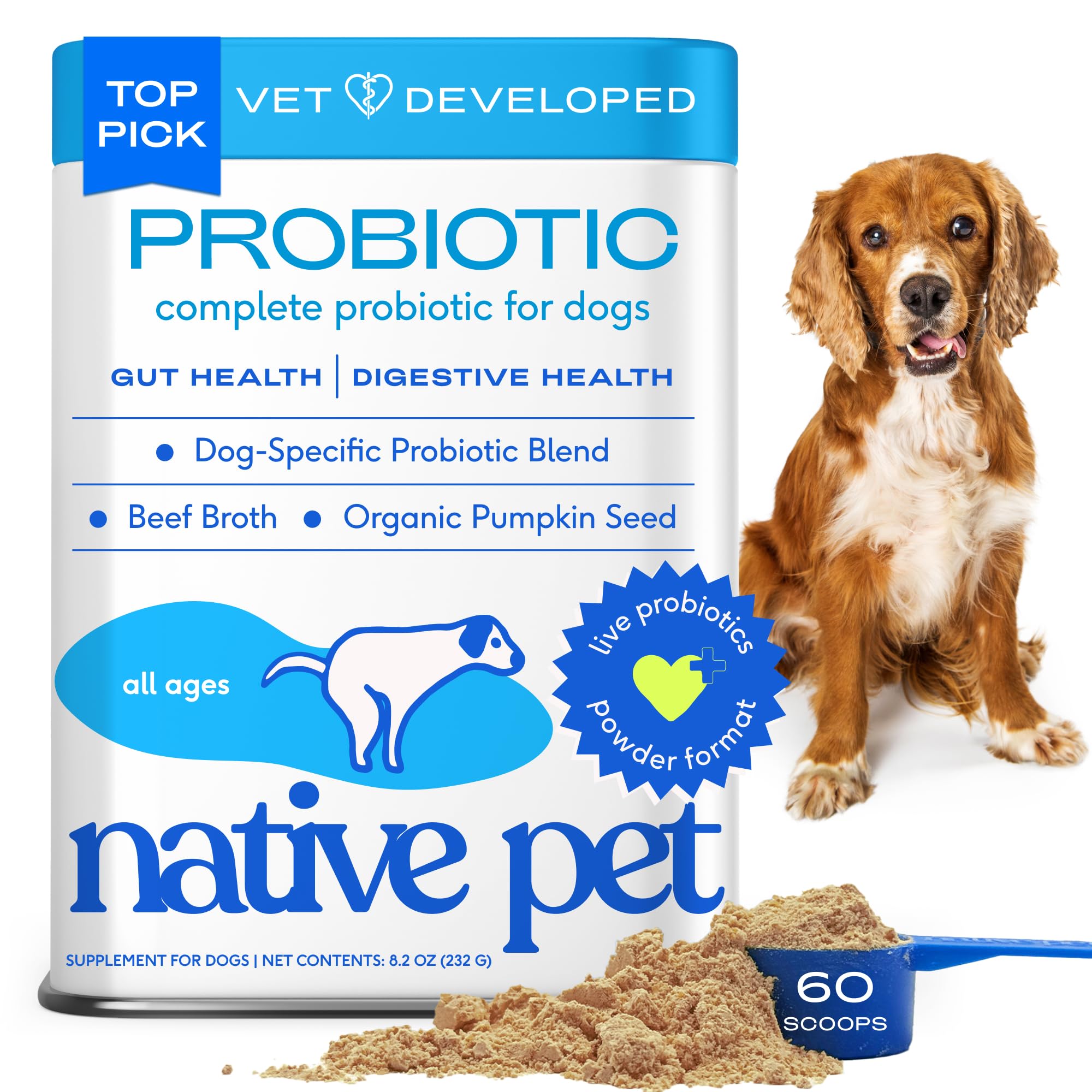 Native Pet Probiotics for Dogs - Dog Probiotics Powder for Digestive Health, Gut Support, & Immune Boost – Vet-Formulated Powder for Maximum Potency with Digestive Enzymes & Prebiotics - 60 Scoops