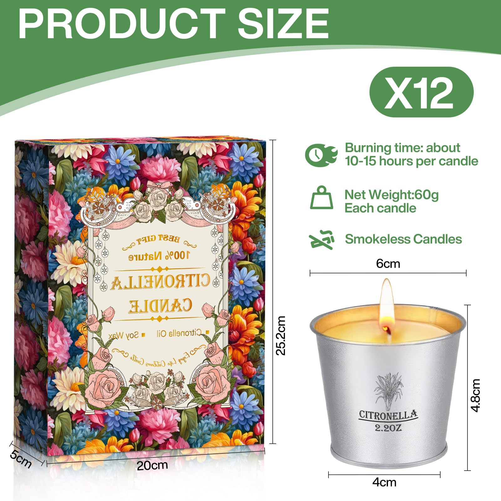 Citronella Kerzen Outdoor, 12 x 2,2 oz, Kerzengeschenkset, Outdoor Kerzen mit Natürliche Sojawachs Zitronella Kerze, Kerzen Set für Garten, Hof, Party, Camping, Grillen, Balkon