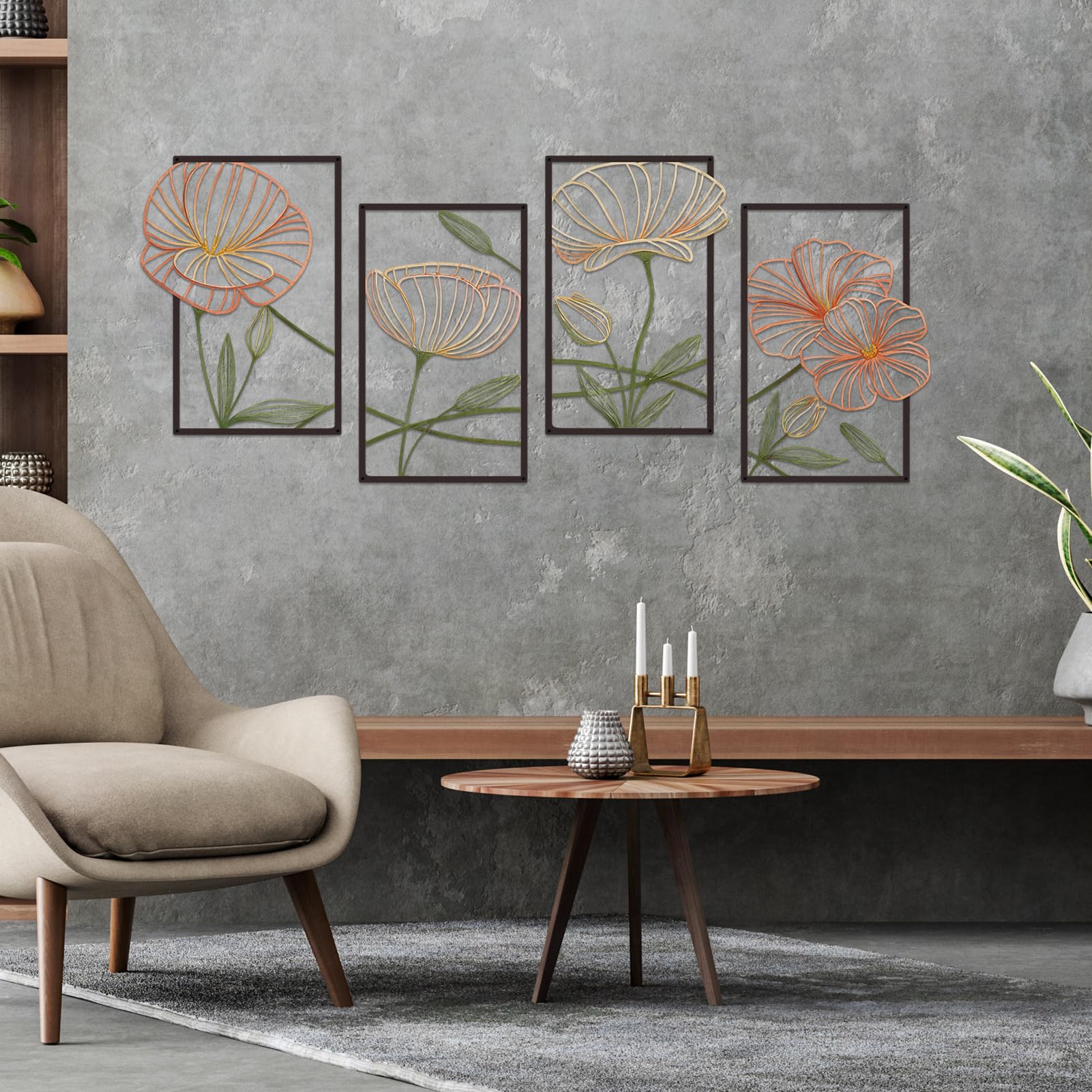 ESTART Dekor 4 Stück Metall Lotusblume Wanddekoration, Abstrakte Blumen Ästhetische Spleißlinie Kunst, Minimalistische Hängende Wandskulptur für Wohnzimmer Schlafzimmer Büro und Yogazimmer (Bunt)