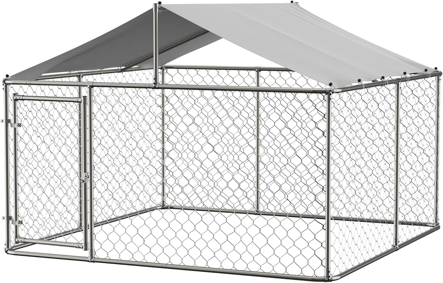 Outside Dog Kennel Pen with Roof, Outdoor Dogs Enclosure Large Galvanized Steel Chain Link Fence Pet House Cage Weather Resistant Heavy Duty for Backyard, 90 x 90 x 65 Inch 90" L x 90" W x 65" H Silver