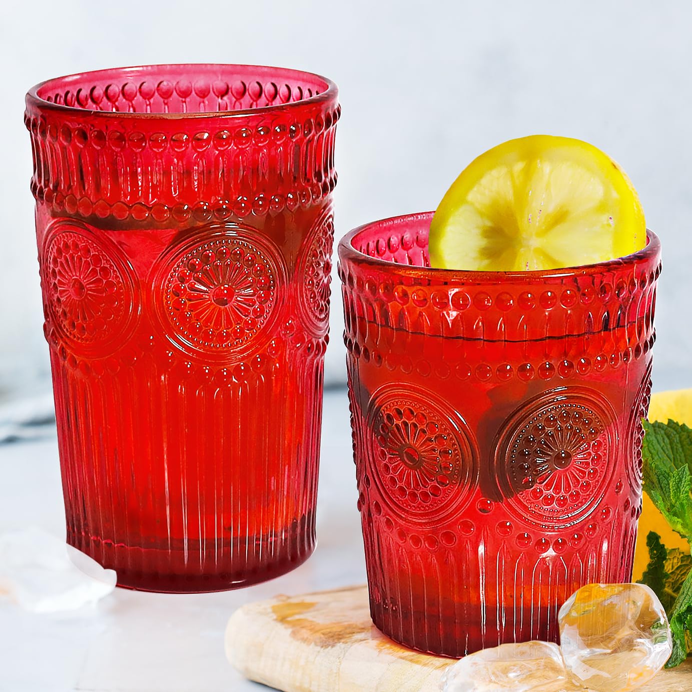 Loivttvv Lot de 12 verres à boire vintage de 355 ml et verres côtelés en relief de 255 ml pour cocktail, eau, jus, café, whisky (rouge)
