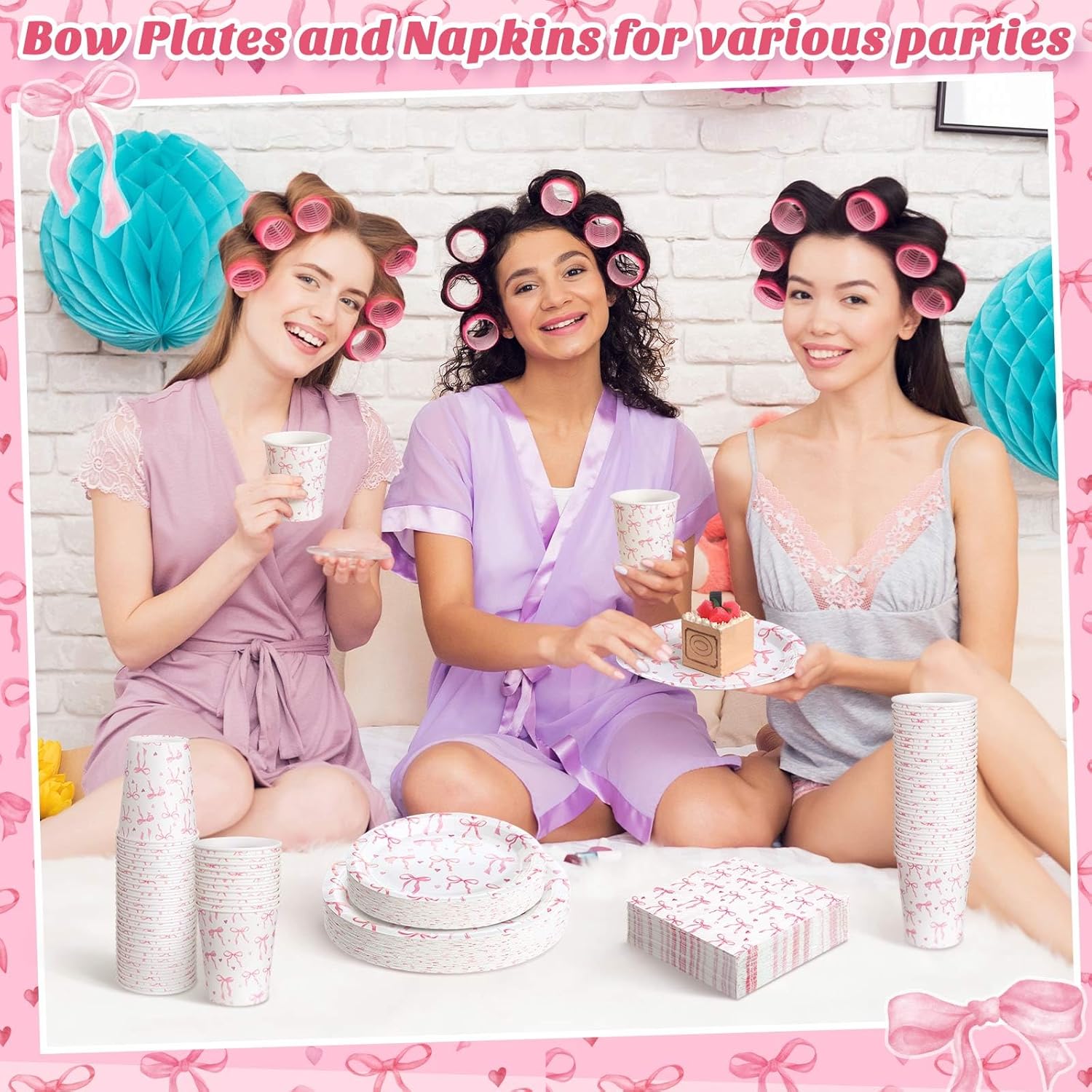 Pickmesh 250 Pcs Bow Birthday Decorations Pink Bow Plates Napkins and Cups Pink Coquette Birthday Party Decoration Bridal Shower Dinnerware Sets Serve 50 Disposable Tableware for Wedding Party Decor