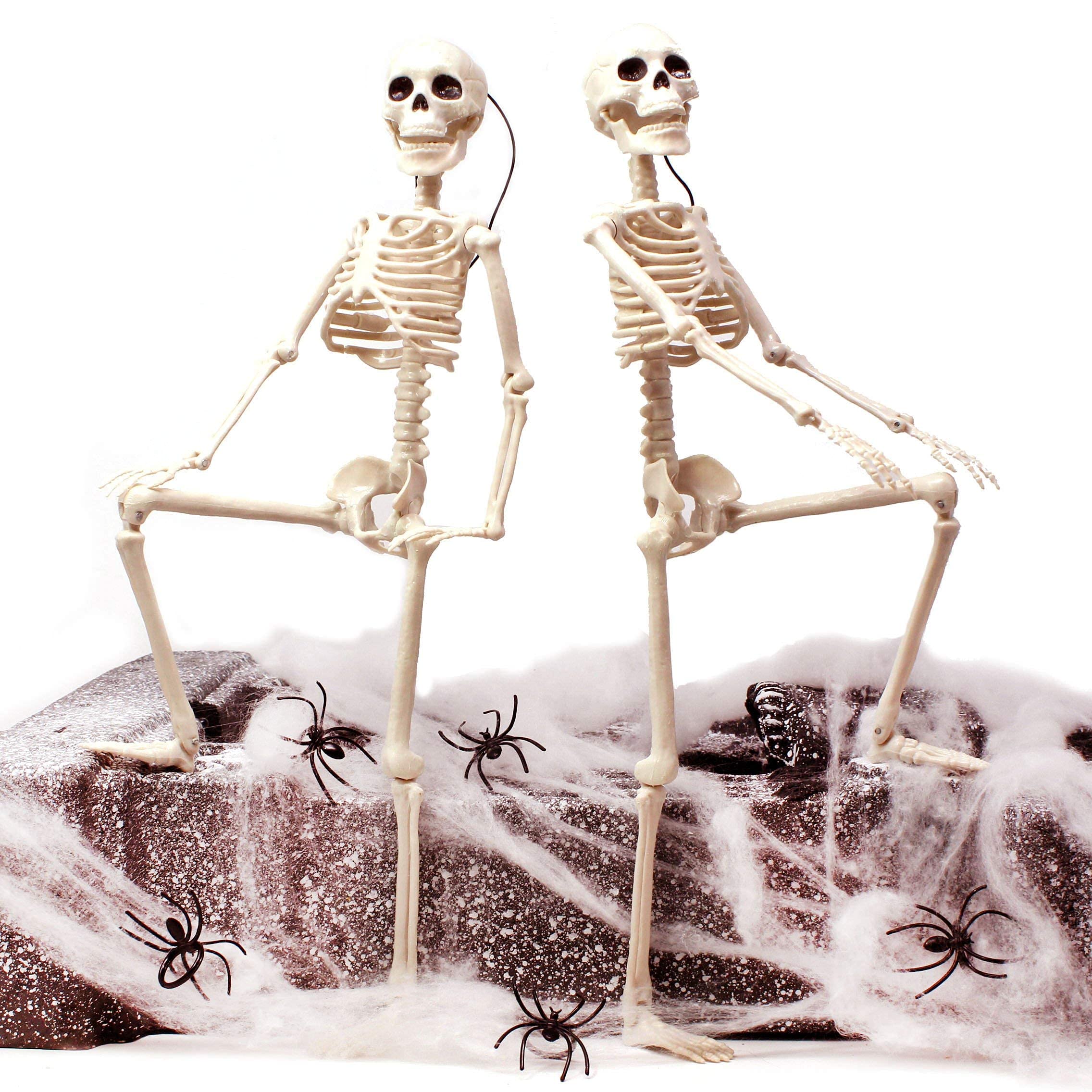 2 Pack 16" Small Halloween Skeletons Life Size Posable Joint Skeletons, Plastic Skeleton Hanging Ornaments, Mini Human Skeleton for Halloween Decorations Indoor Outdoor Office Mantel Car Decor