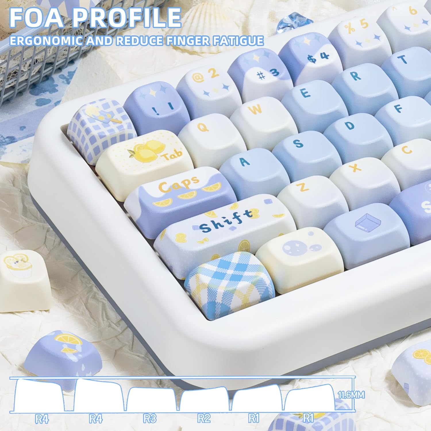 Baby Blue PBT Keycaps Set - Cute Custom FOA Profile, 5 Side Dye Sublimation Lemon Keycap for Mechanical Gaming Keyboard -145 Keys